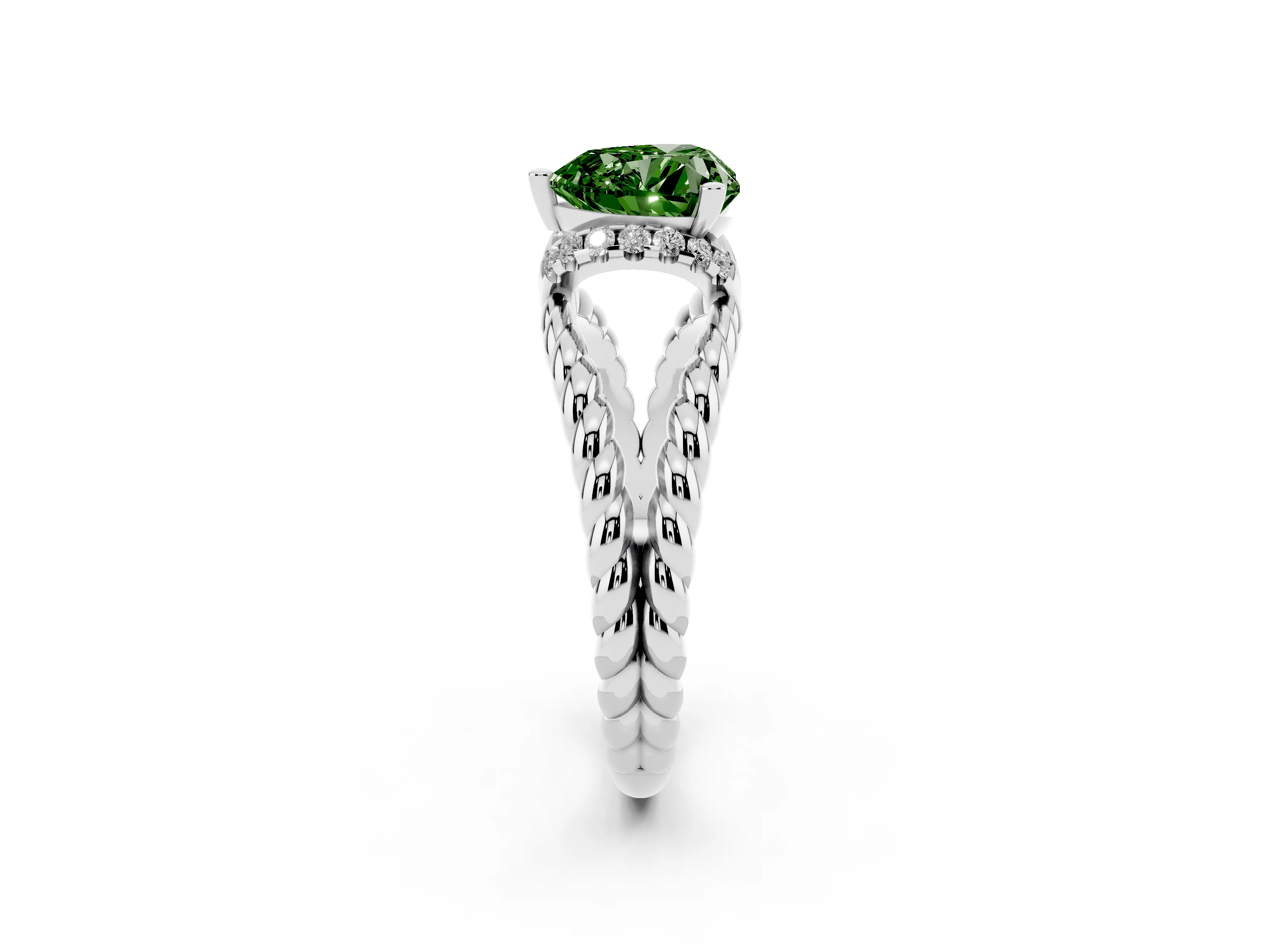 Fancy Green Heart Cut Diamond Halo Ring Set in White gold with Twisted Band and Prong Setting
