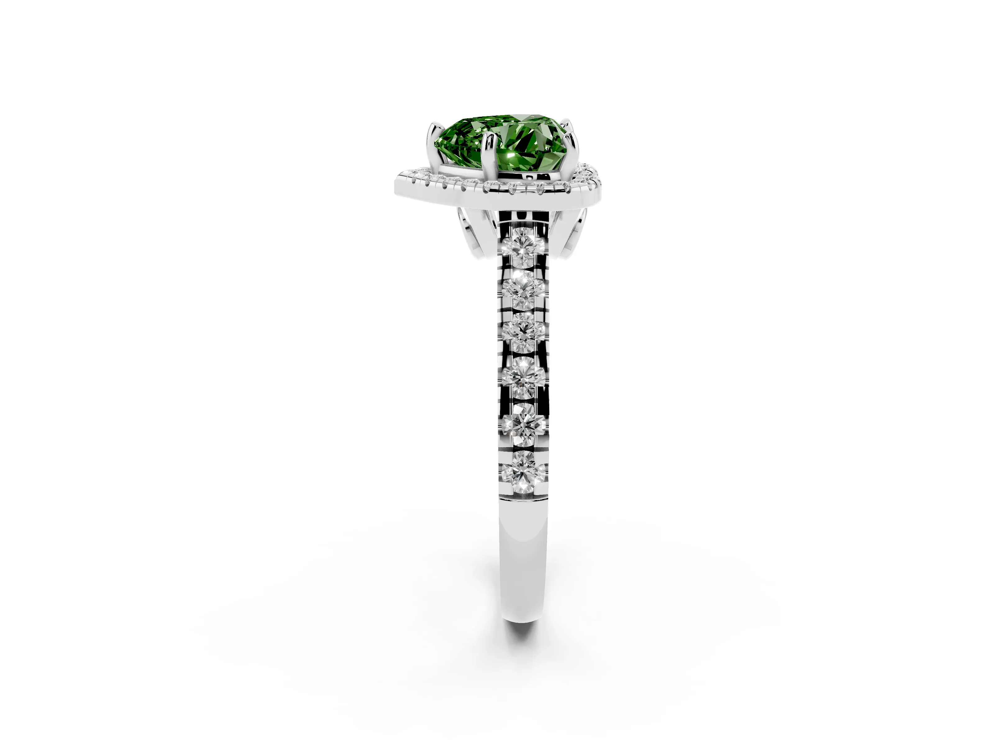 Fancy Green Heart Cut Diamond Halo Engagement Ring Set in Platinum with Pavé Band and Prong-Set Center