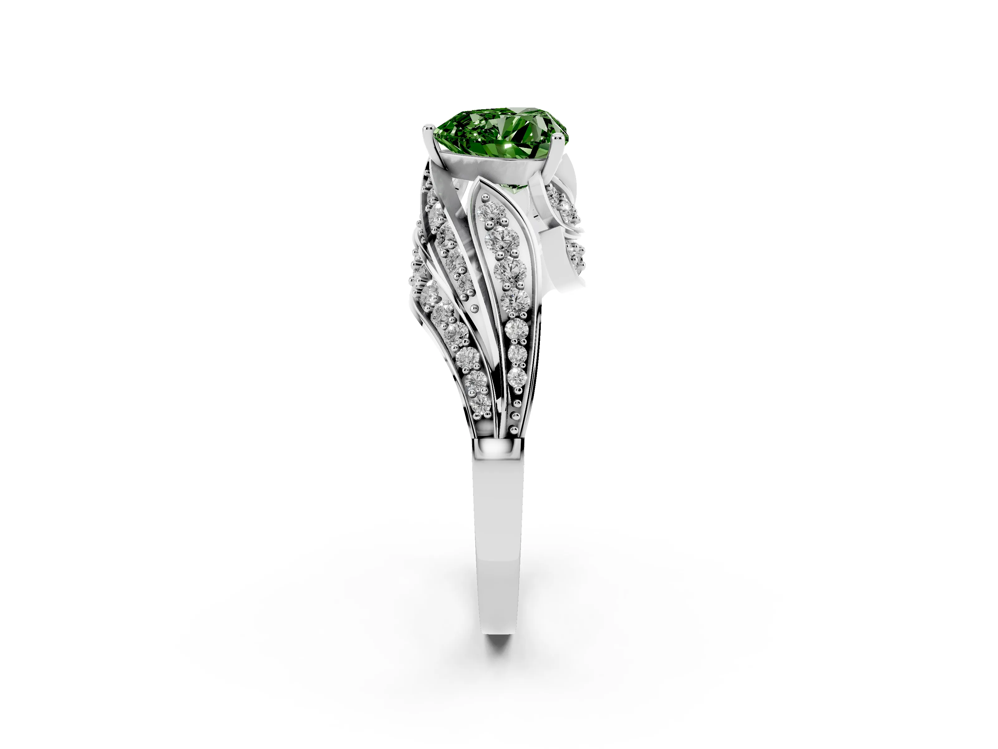 Fancy Green Heart Cut Diamond Solitaire Ring Set in Platinum with Layered Twist Pavé Band