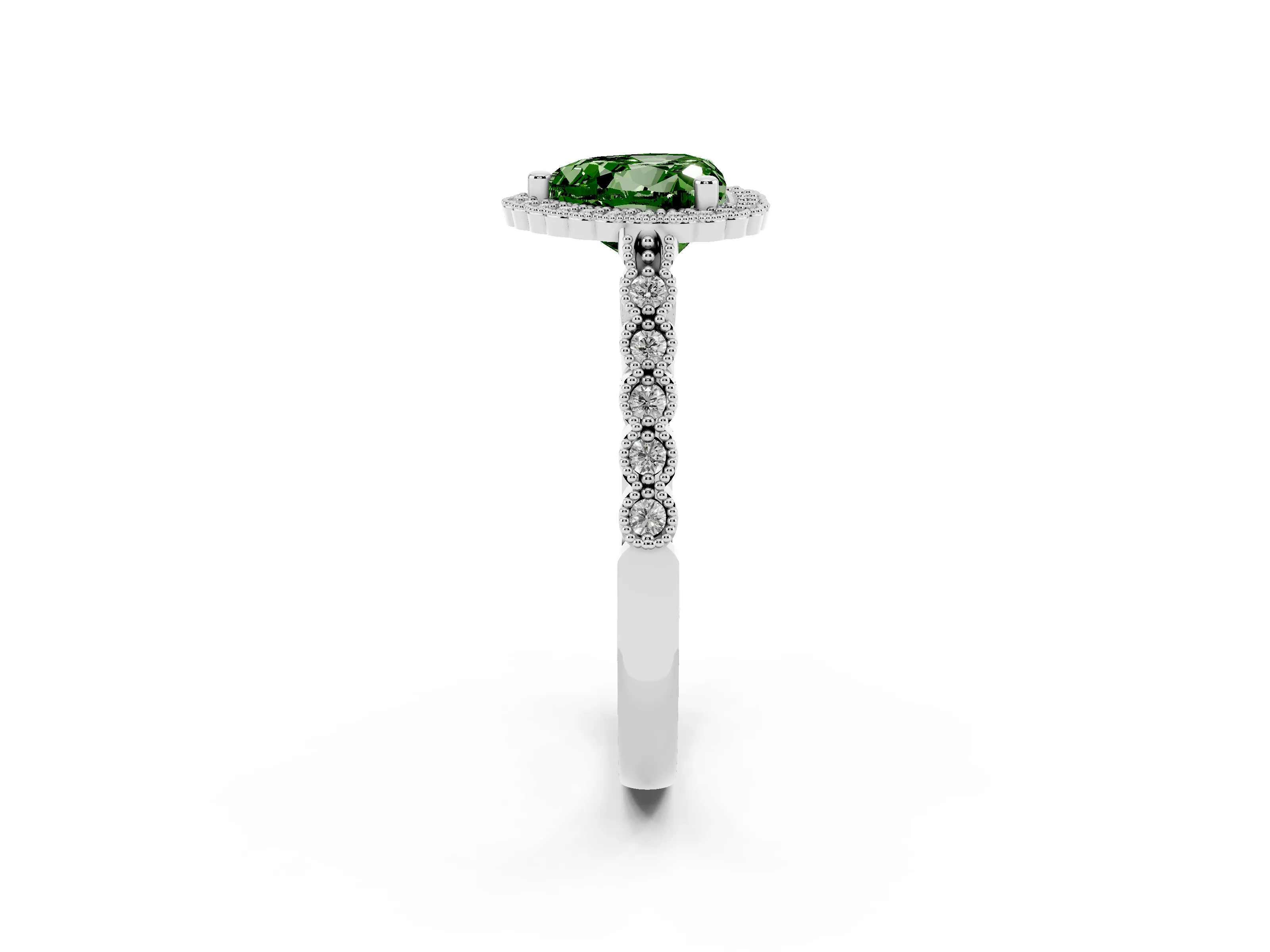 Fancy Green Heart Cut Diamond Halo Ring Set in Silver with Pavé Milgrain Band