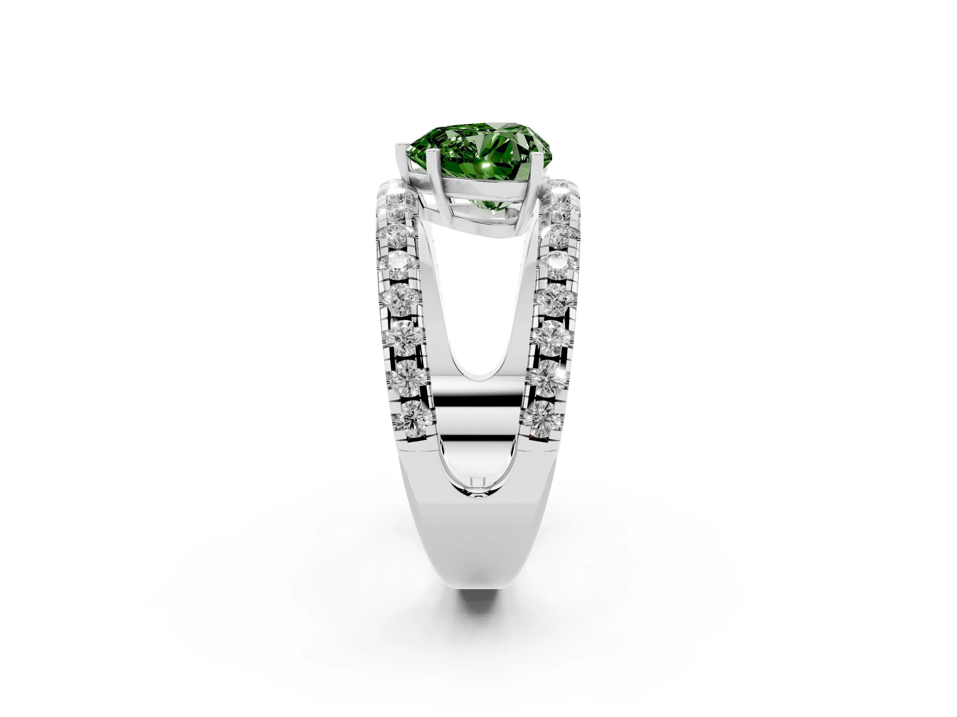 Fancy Green Heart Cut Diamond Split Shank Pavé Solitaire Ring Set in Platinum with Open Shank Design
