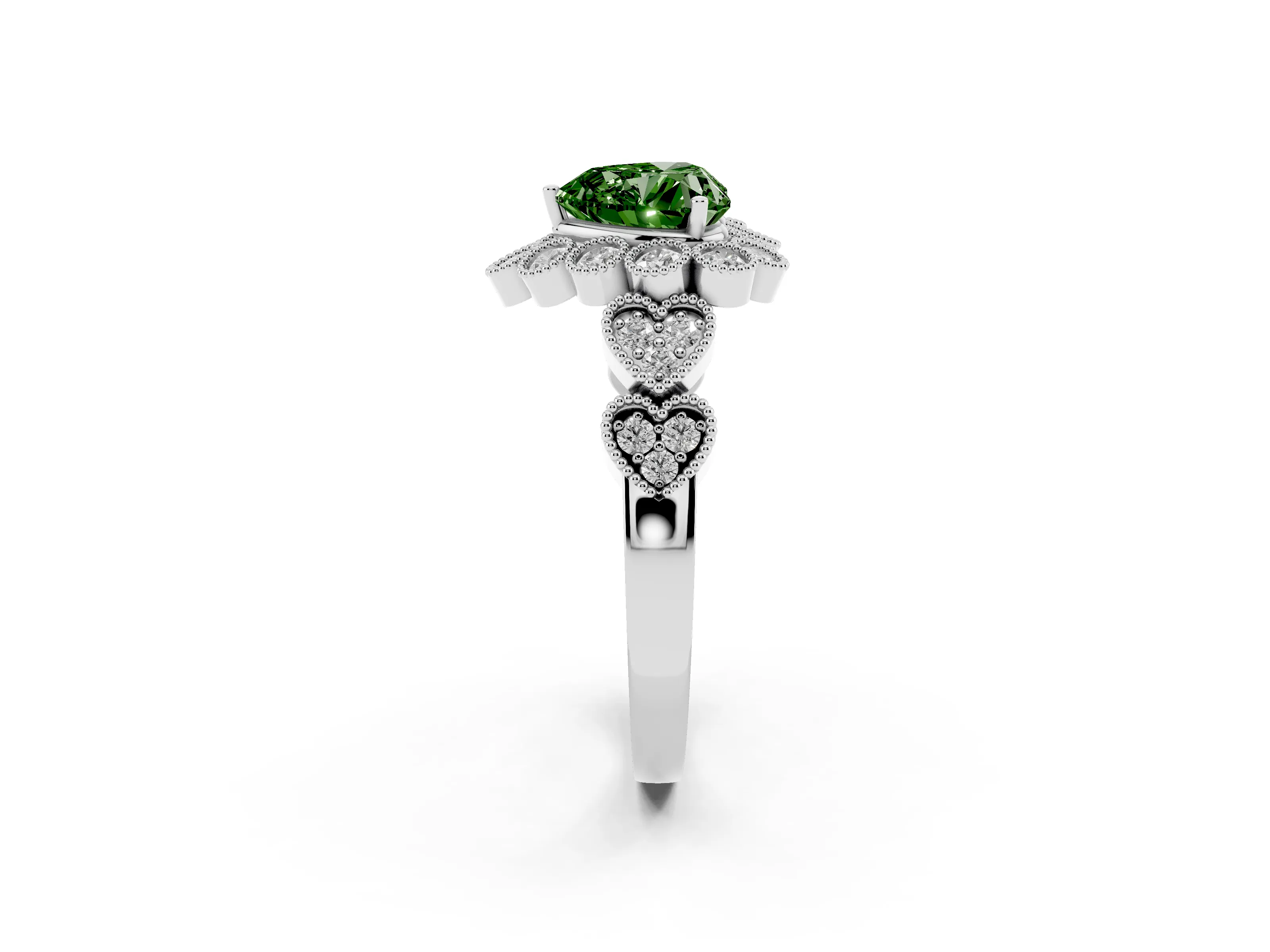 Fancy Green Heart Cut Diamond Solitaire Ring Set in Platinum with Milgrain Pavé Heart Band