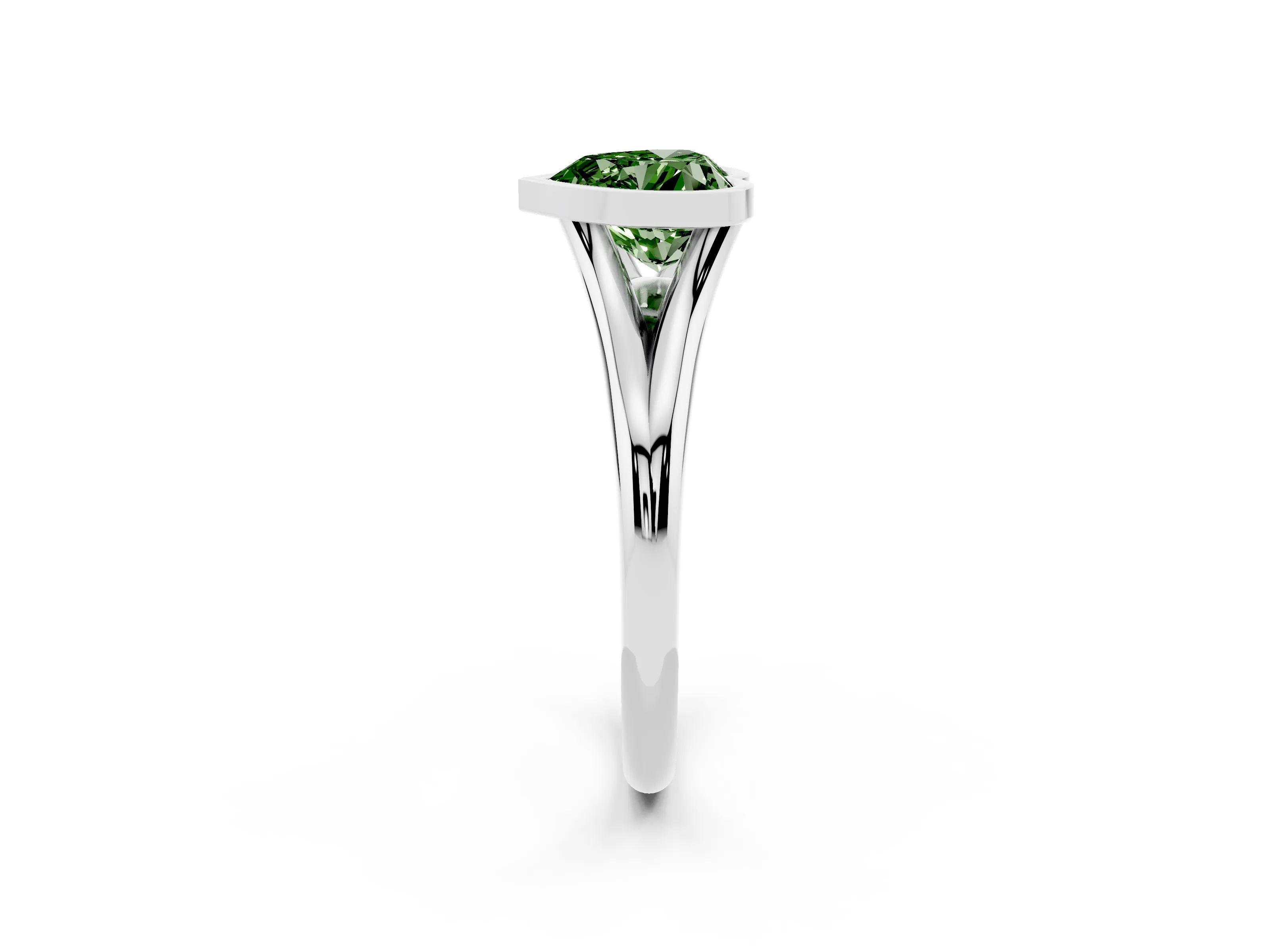 Fancy Green Bezel Set Heart Cut Diamond Solitaire Ring Set in Platinum with Tapered Band