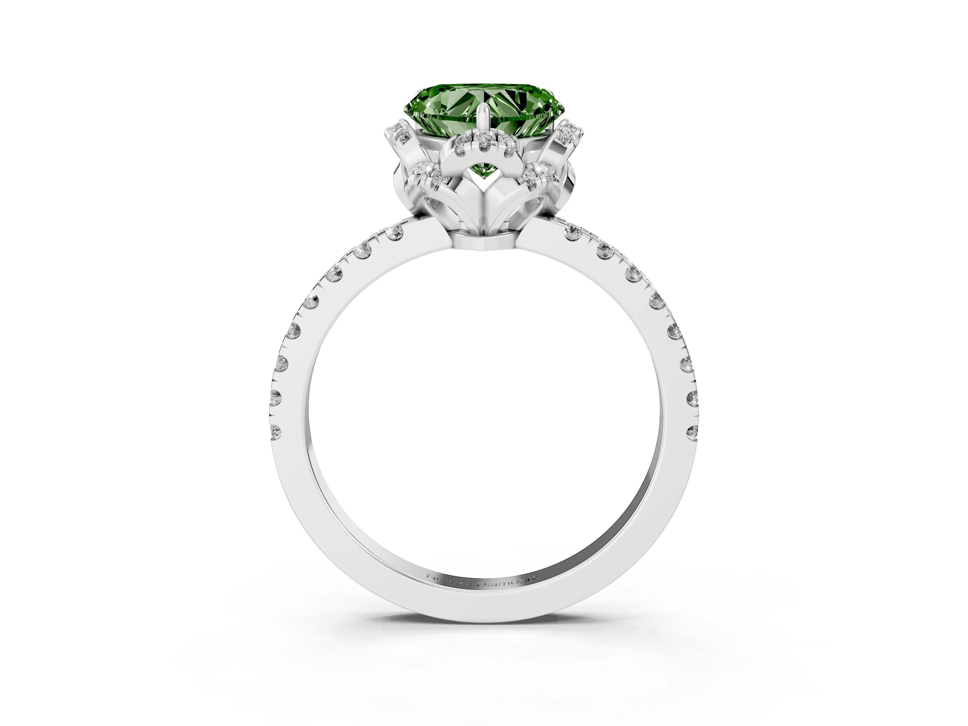 Fancy Green Heart Cut Diamond Halo Pavé Band Ring Set in White gold with Prong-Held Center