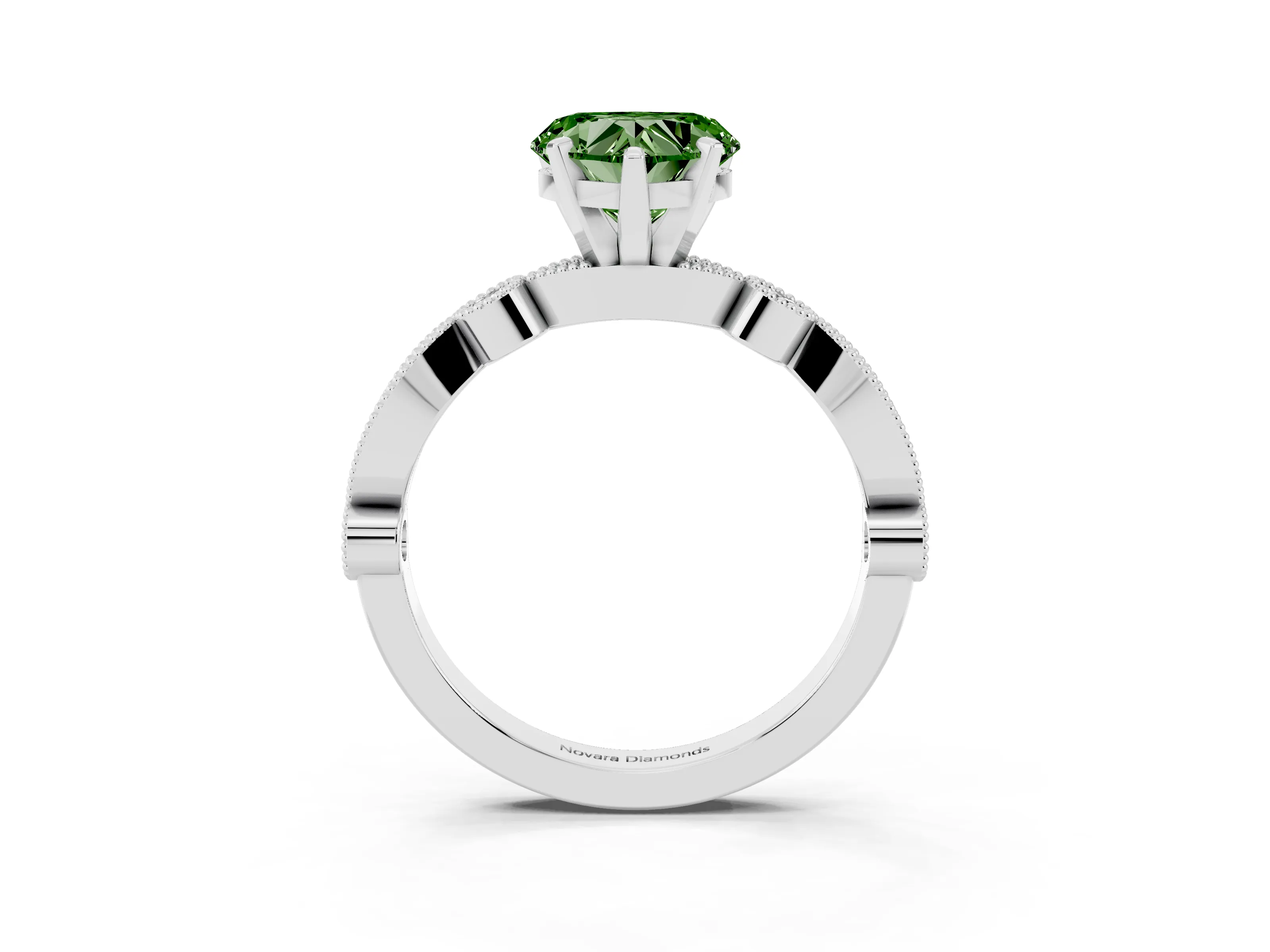 Fancy Green Heart Cut Diamond Solitaire Engagement Ring Set in Silver with Milgrain Bezel Accent Band