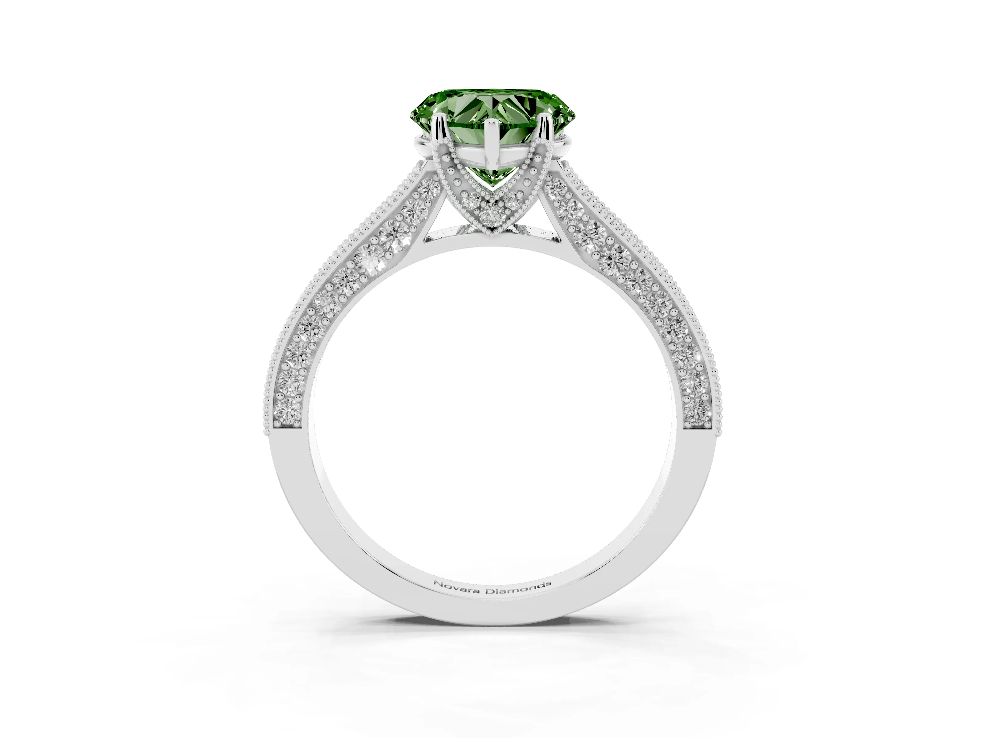 Fancy Green Heart Cut Diamond Solitaire Ring Set in White gold with Milgrain-Edged Pavé Band and Prong Setting