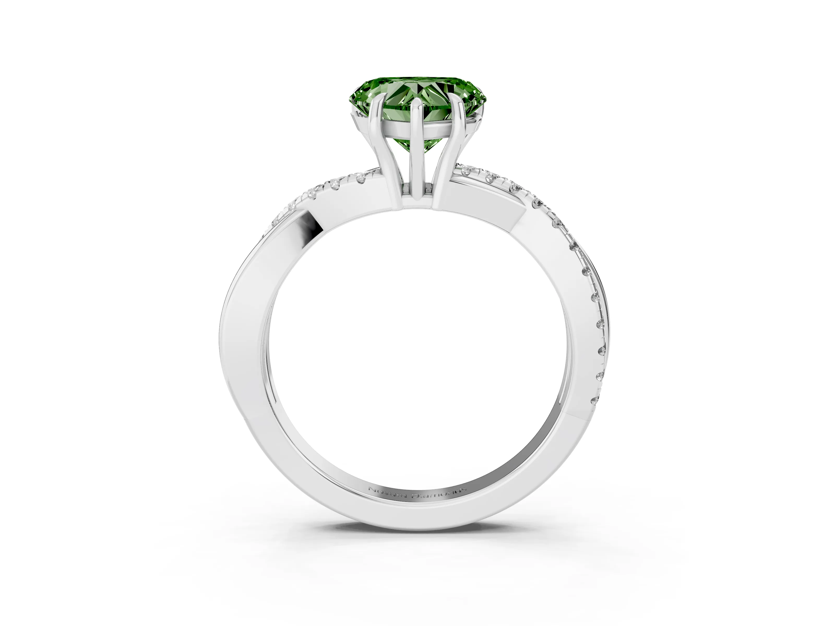 Fancy Green Heart Cut Diamond Twisted Pavé Band Ring Set in Platinum with Prong Setting