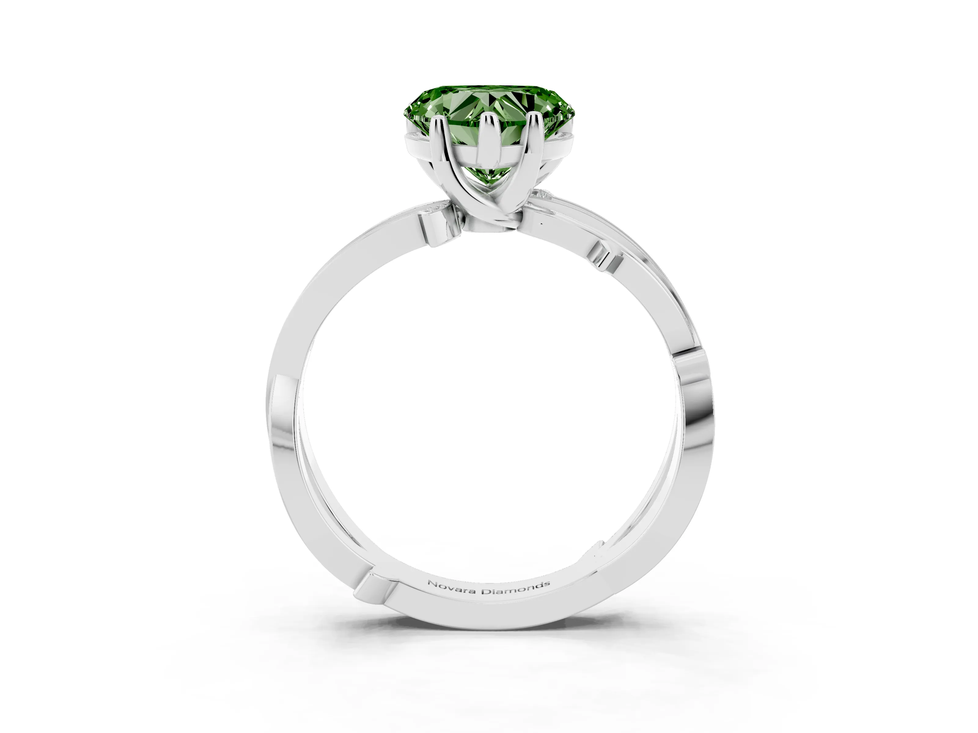 Fancy Green Heart Cut Diamond Pavé Twist Band Solitaire Ring Set in Silver with Prong Setting