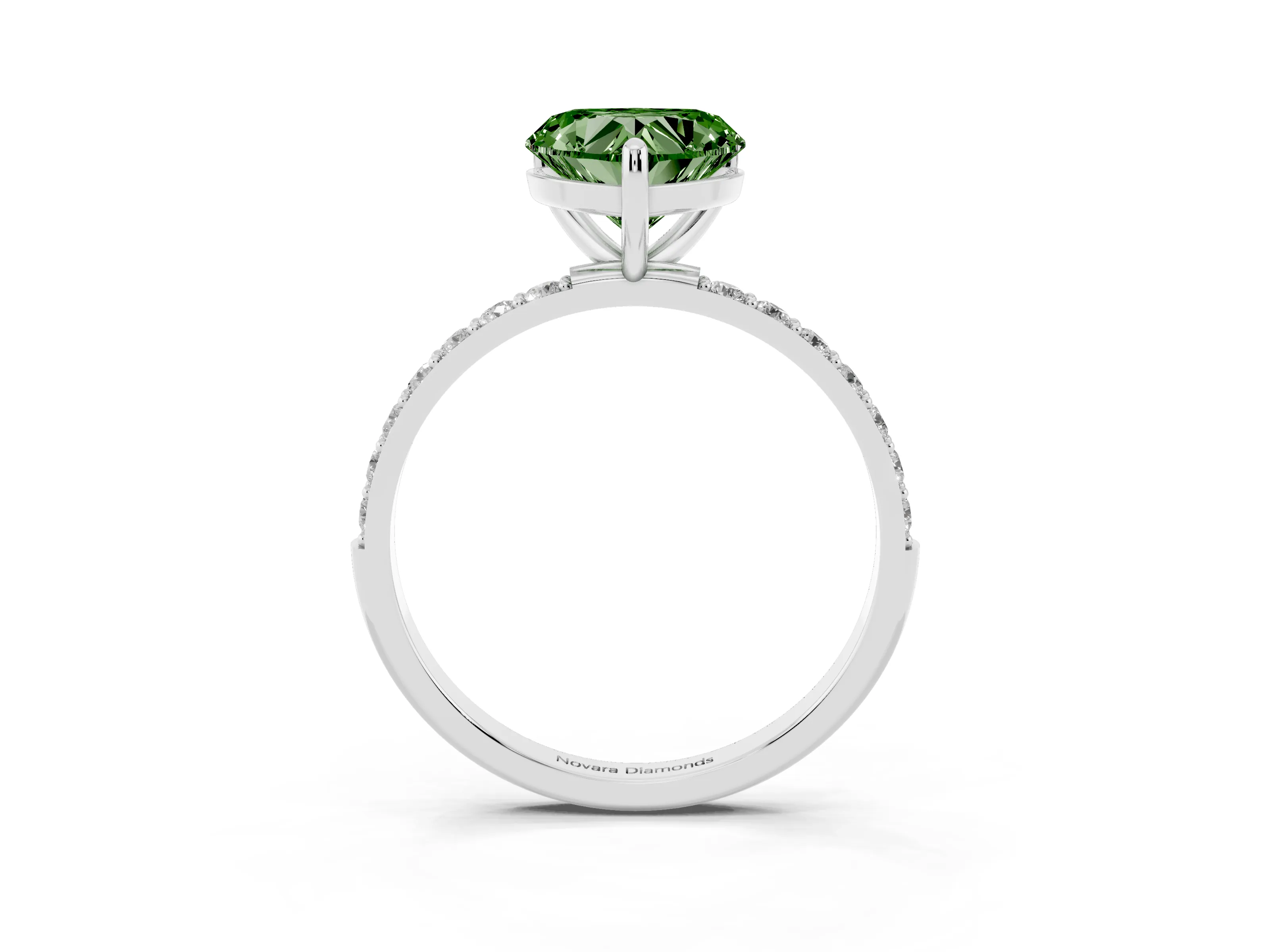 Fancy Green Heart Cut Diamond Solitaire Ring Set in Silver with Round Pavé Band and Prong Setting
