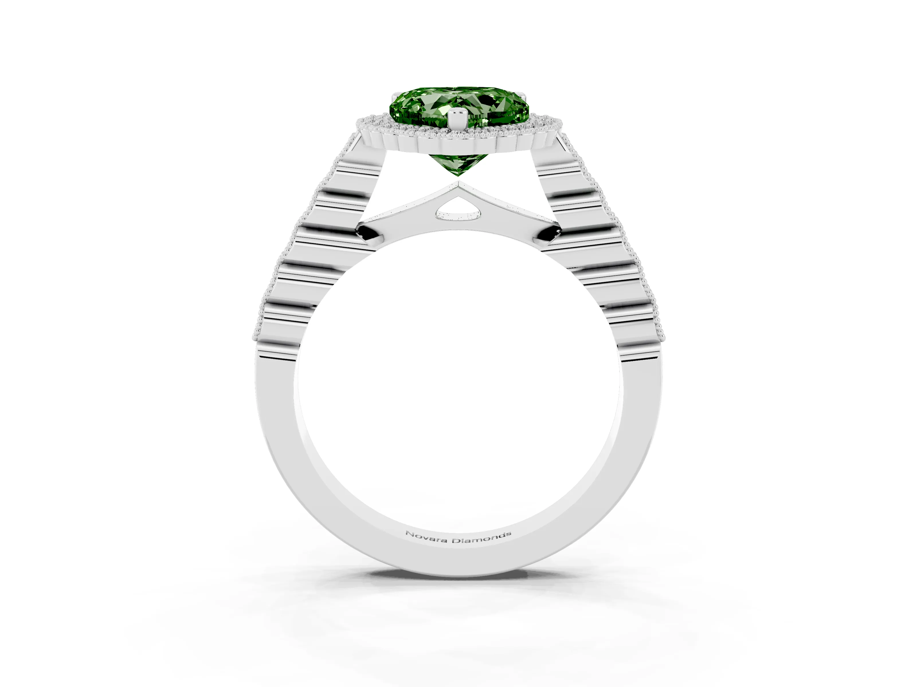 Fancy Green Heart Cut Diamond Halo Ring Set in Silver with Pavé Milgrain Band