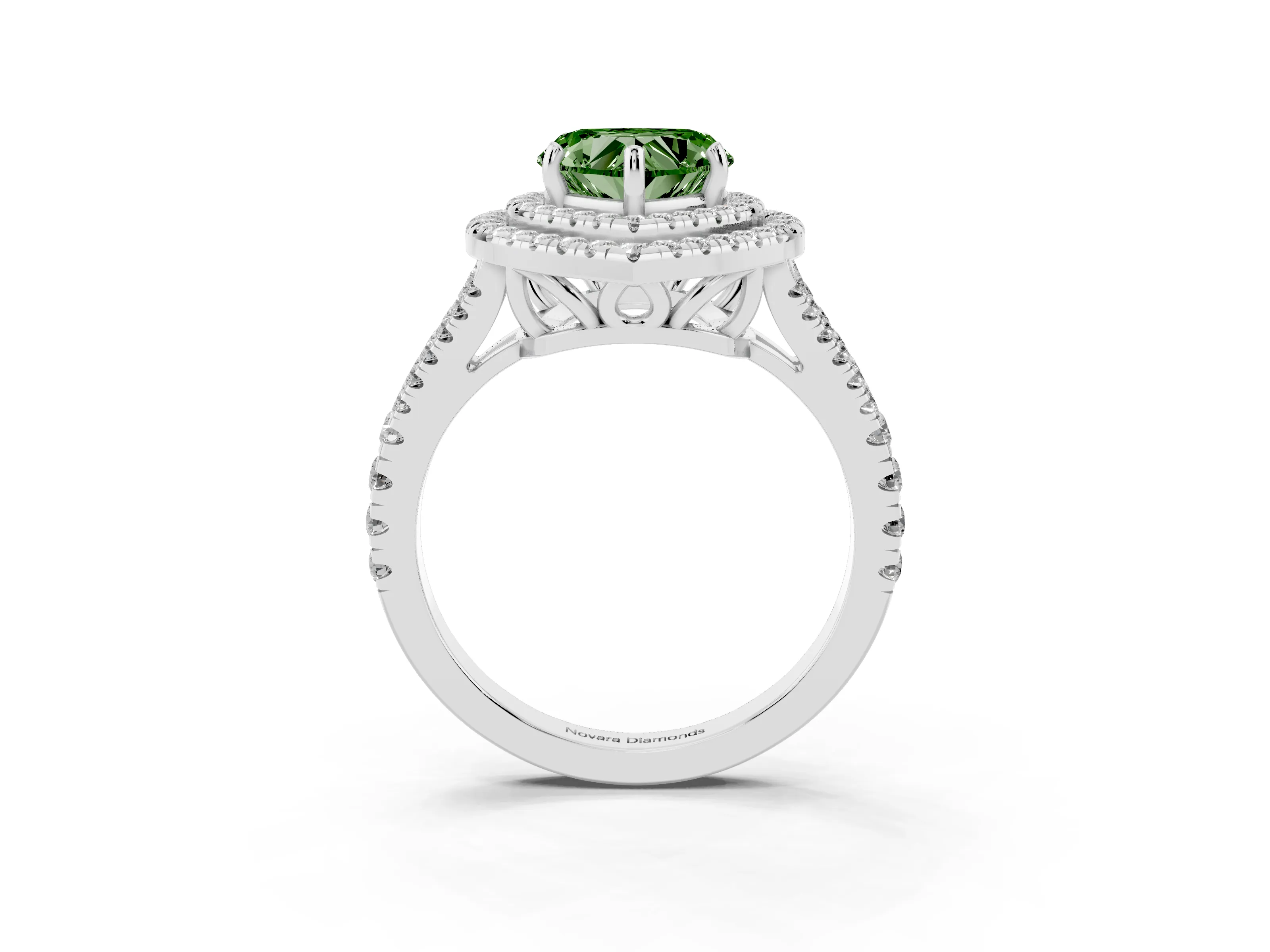 Fancy Green Heart Cut Diamond Double Halo Ring Set in White gold with Pavé Band