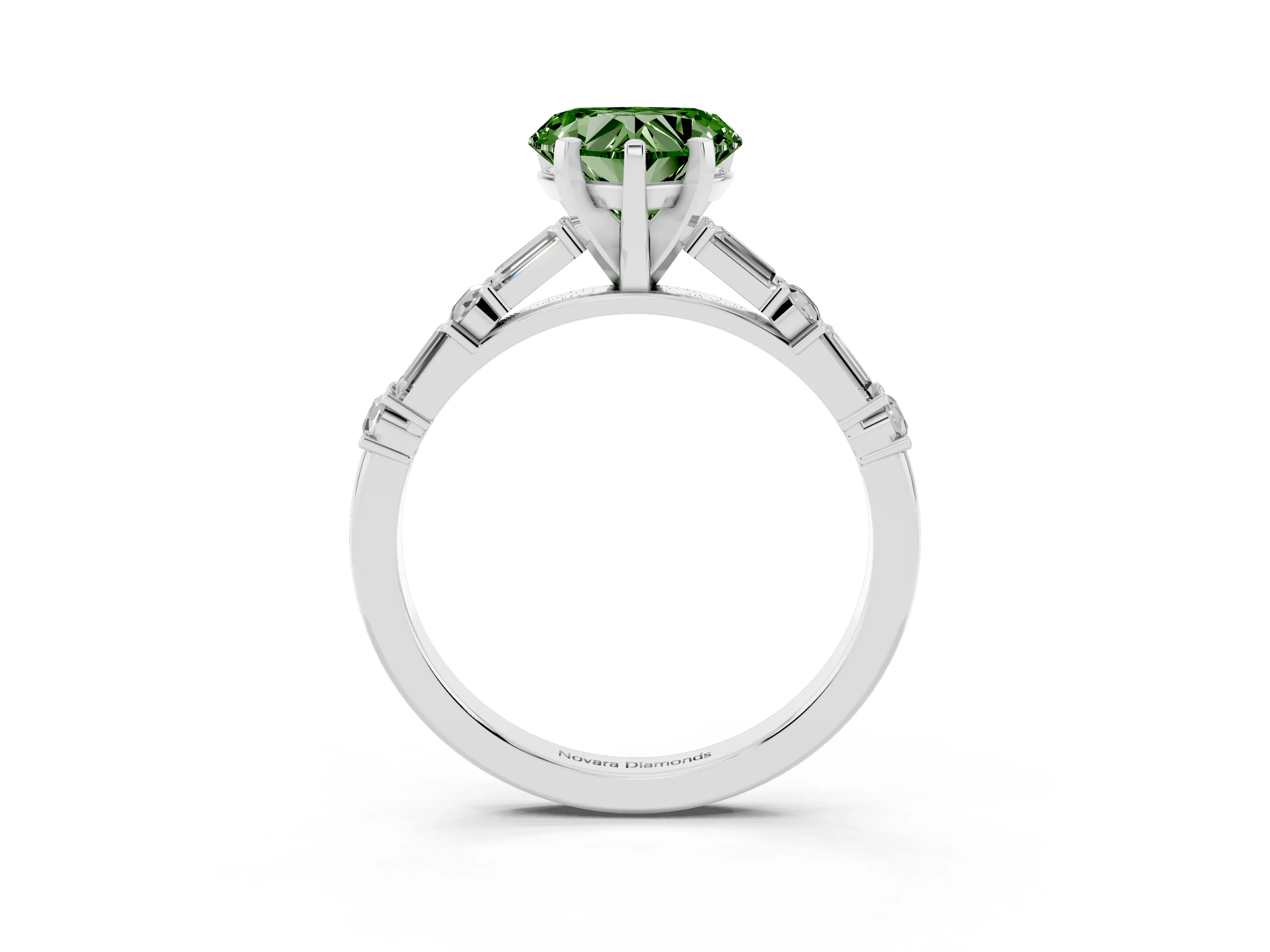 Fancy Green Heart Cut Diamond Solitaire Set in Silver with Side Baguettes and Channel Set Band