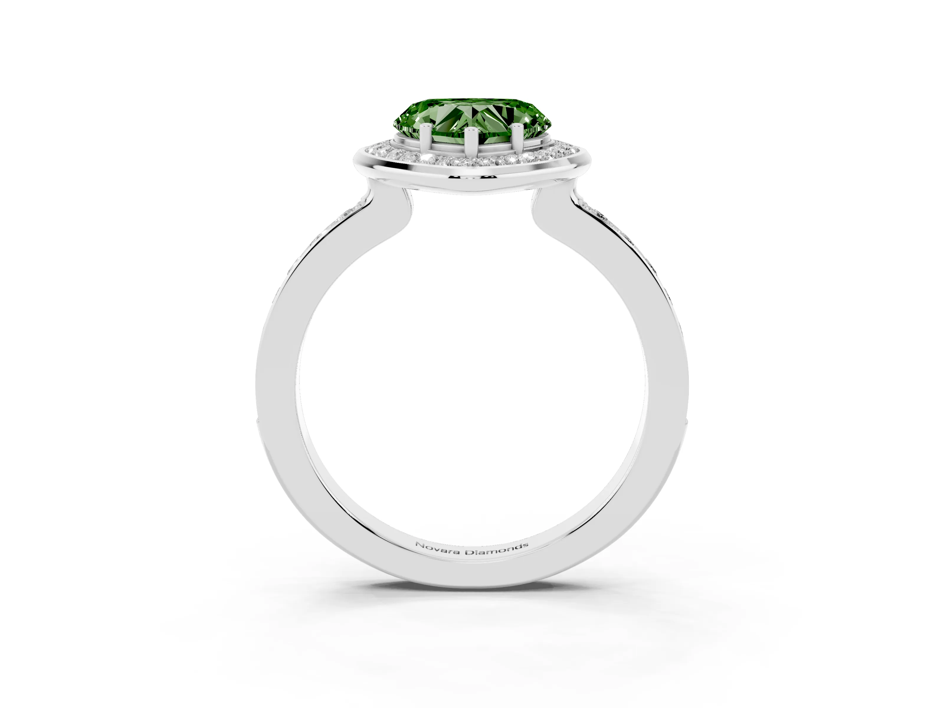 Fancy Green Heart Cut Diamond Halo Ring Set in White gold with Bezel Frame and Pavé Band