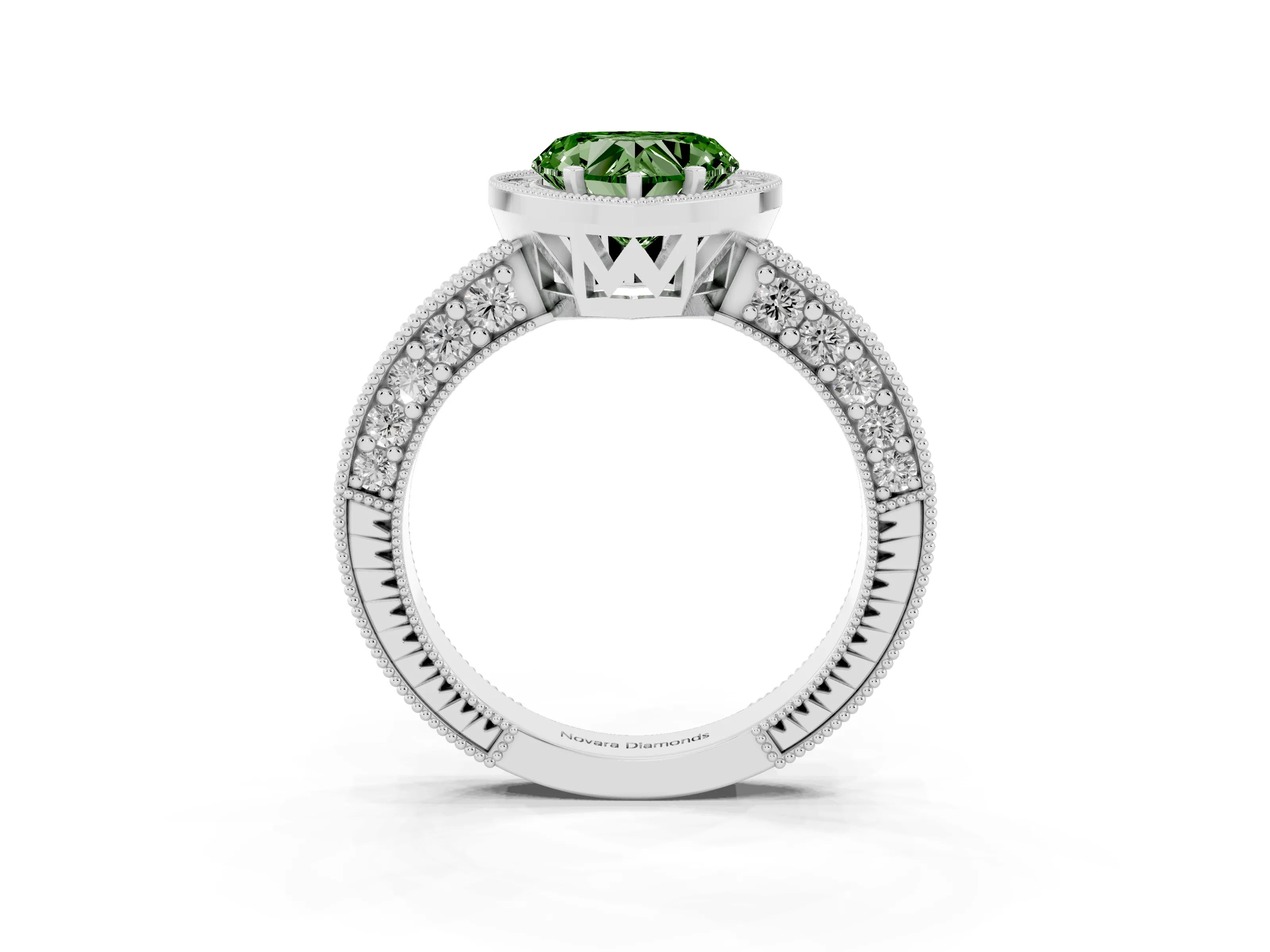 Fancy Green Heart Cut Diamond Halo Pavé Band Ring Set in Silver with Prong-Set Center