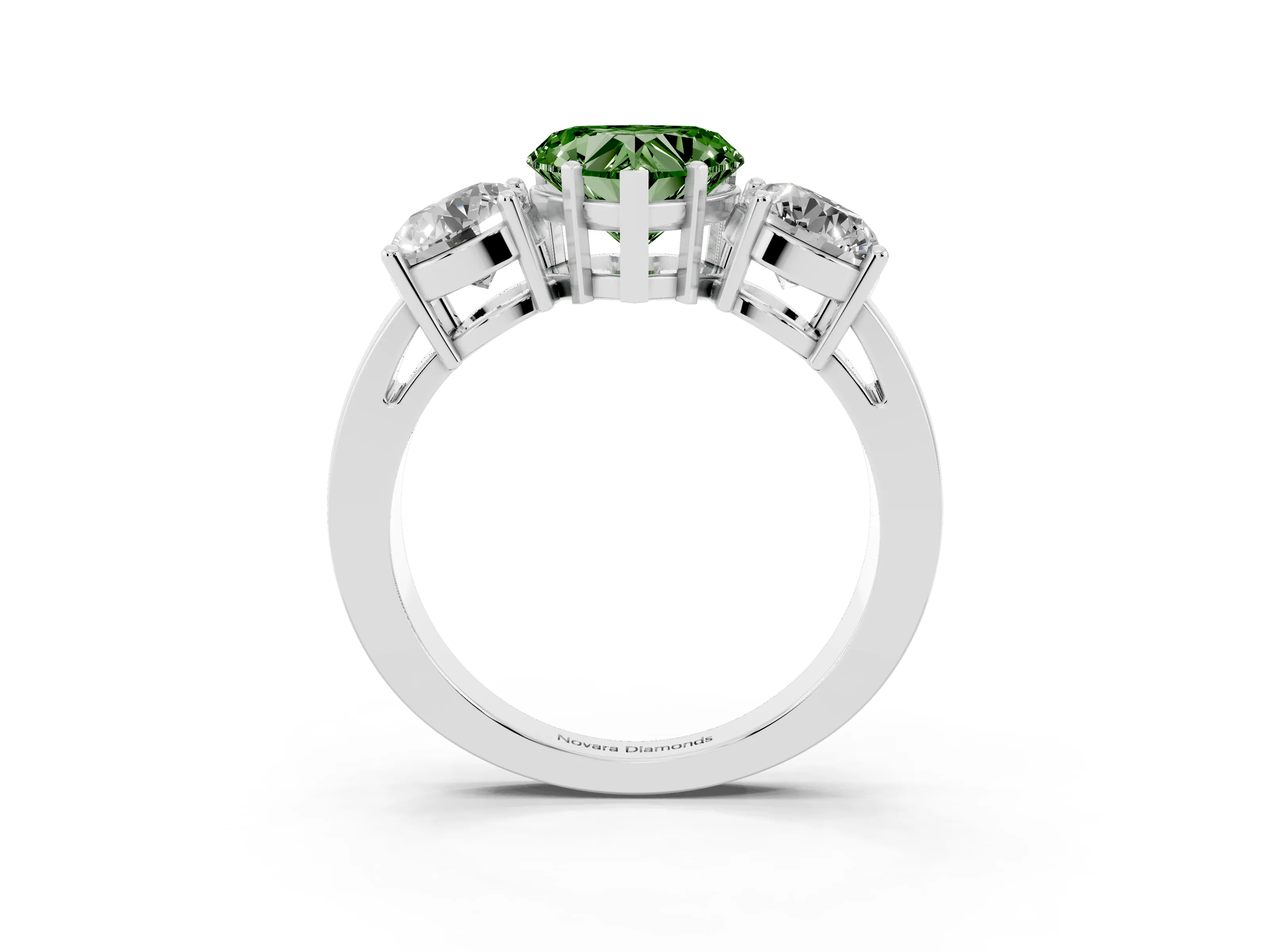 Fancy Green Heart Cut Diamond Three-Stone Ring Set in Platinum with Round Side Stones and Classic Band