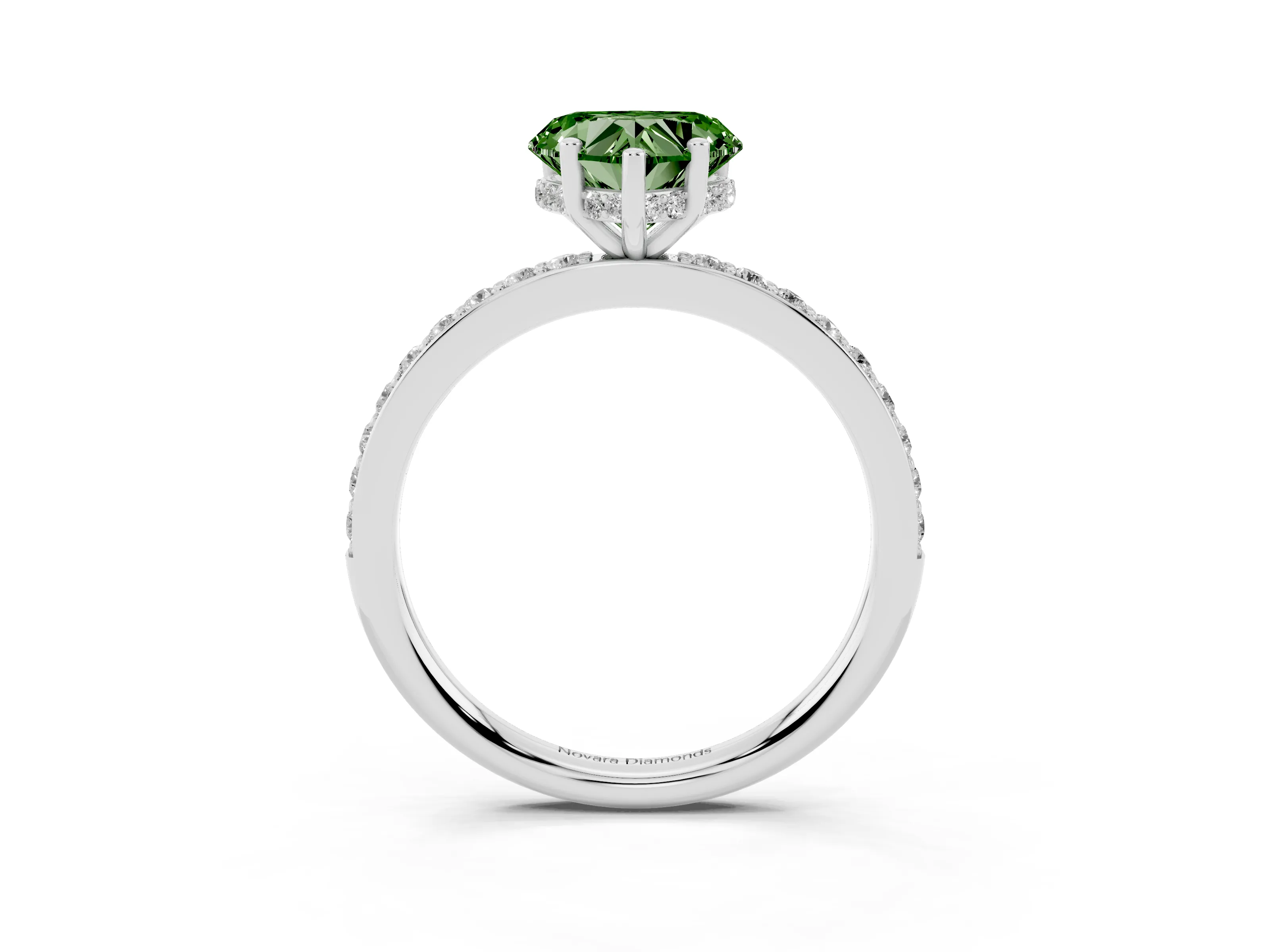 Fancy Green Heart Cut Diamond Pavé Band Ring Set in Silver with Prong-Set Center Stone