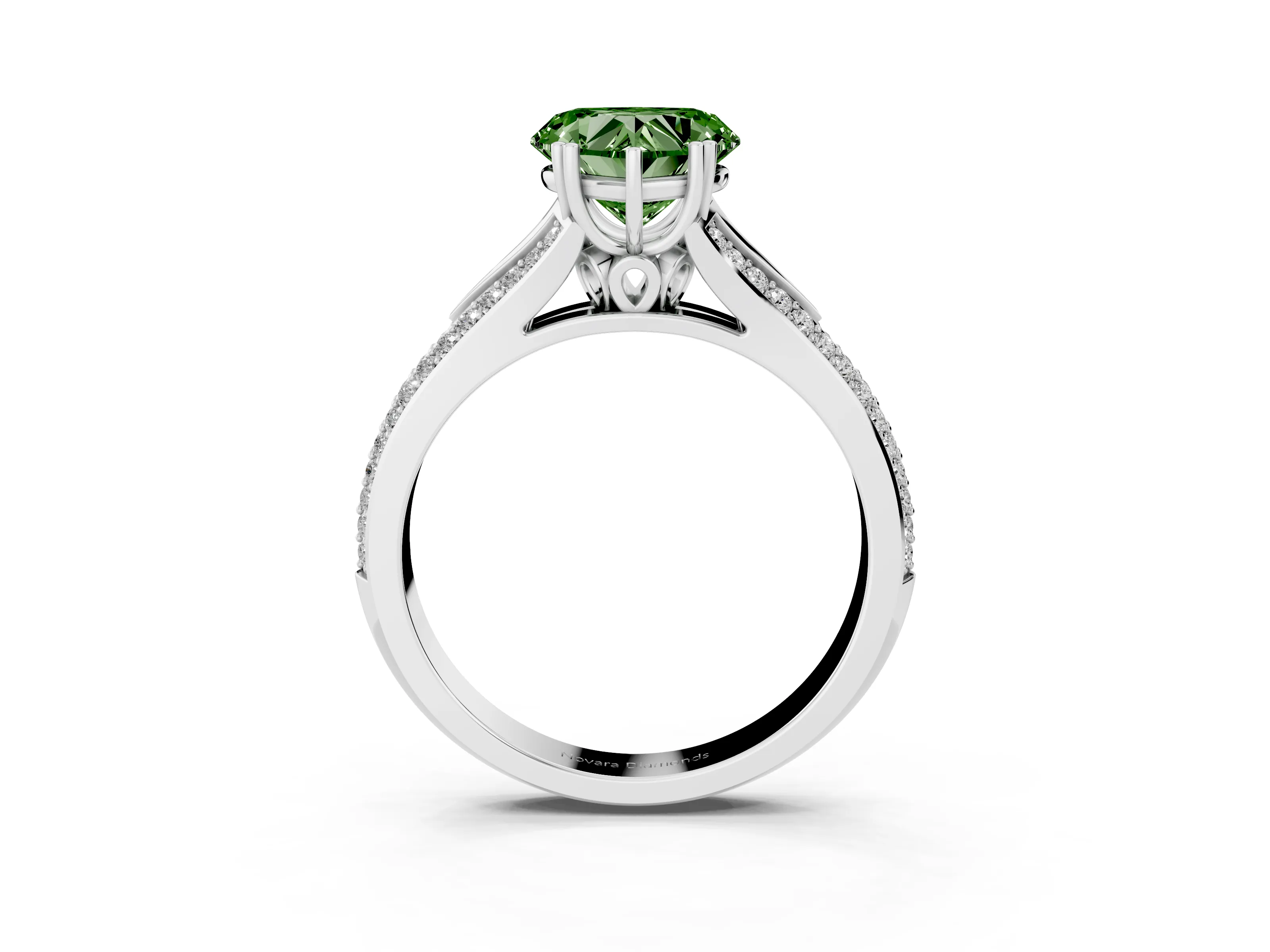 Fancy Green Heart Cut Diamond Split Shank Pavé Engagement Ring Set in White gold with Prong-Set Center Stone