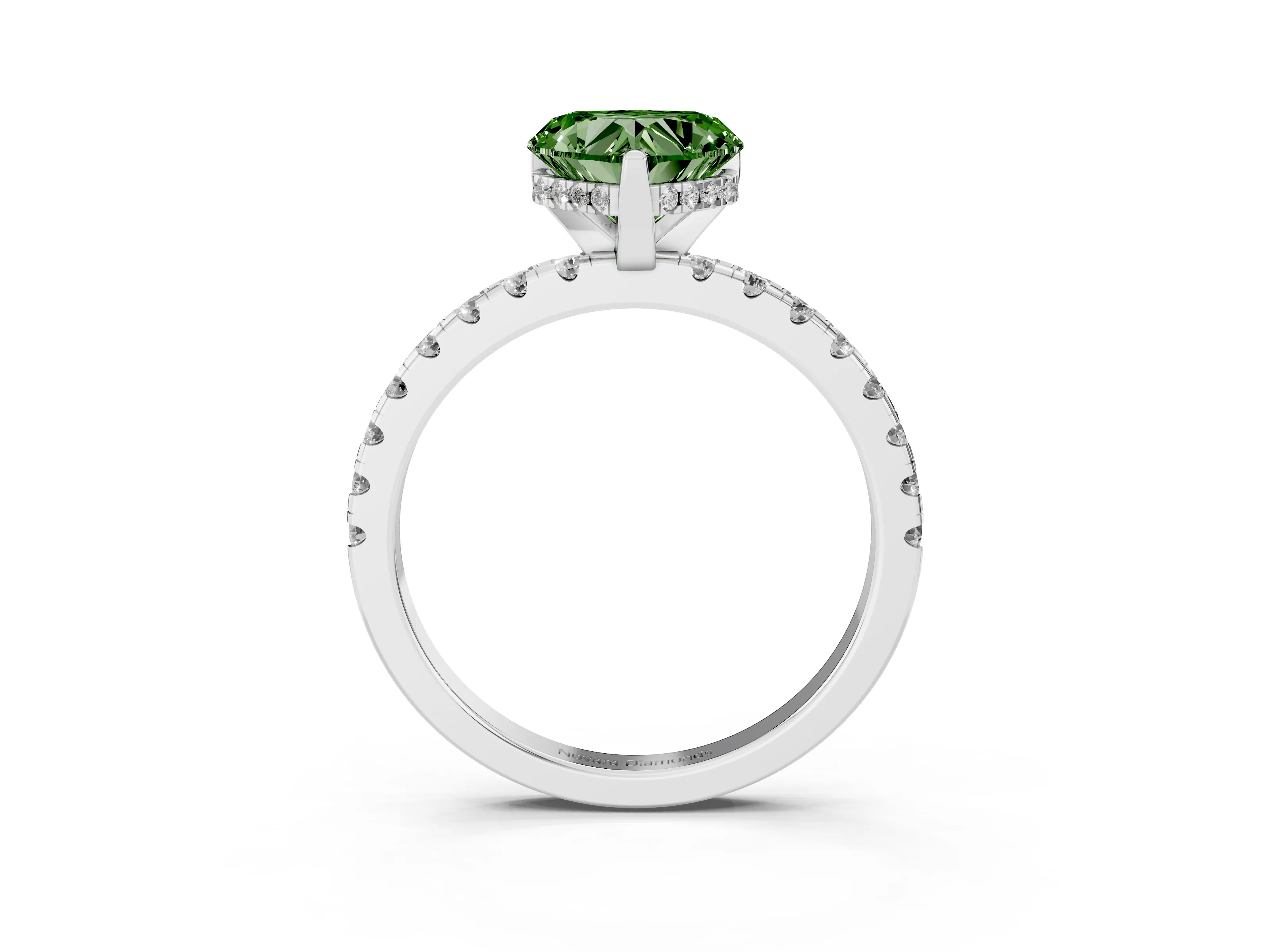 Fancy Green Heart Cut Diamond Pavé Solitaire Ring Set in White gold with Round Band Accents and Prong Setting