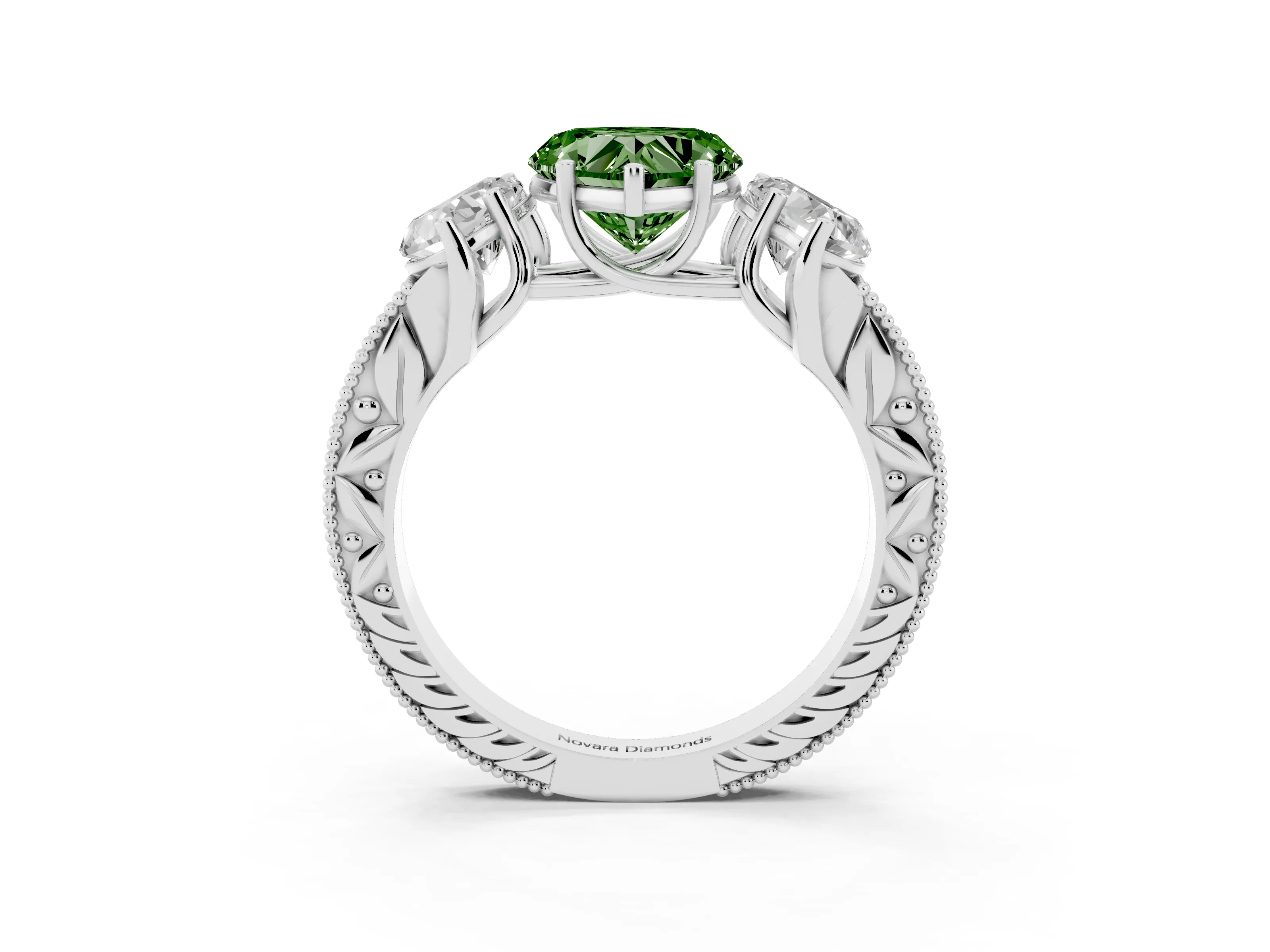 Fancy Green Heart Cut Diamond Three-Stone Engagement Ring Set in Silver with Milgrain Pavé Band