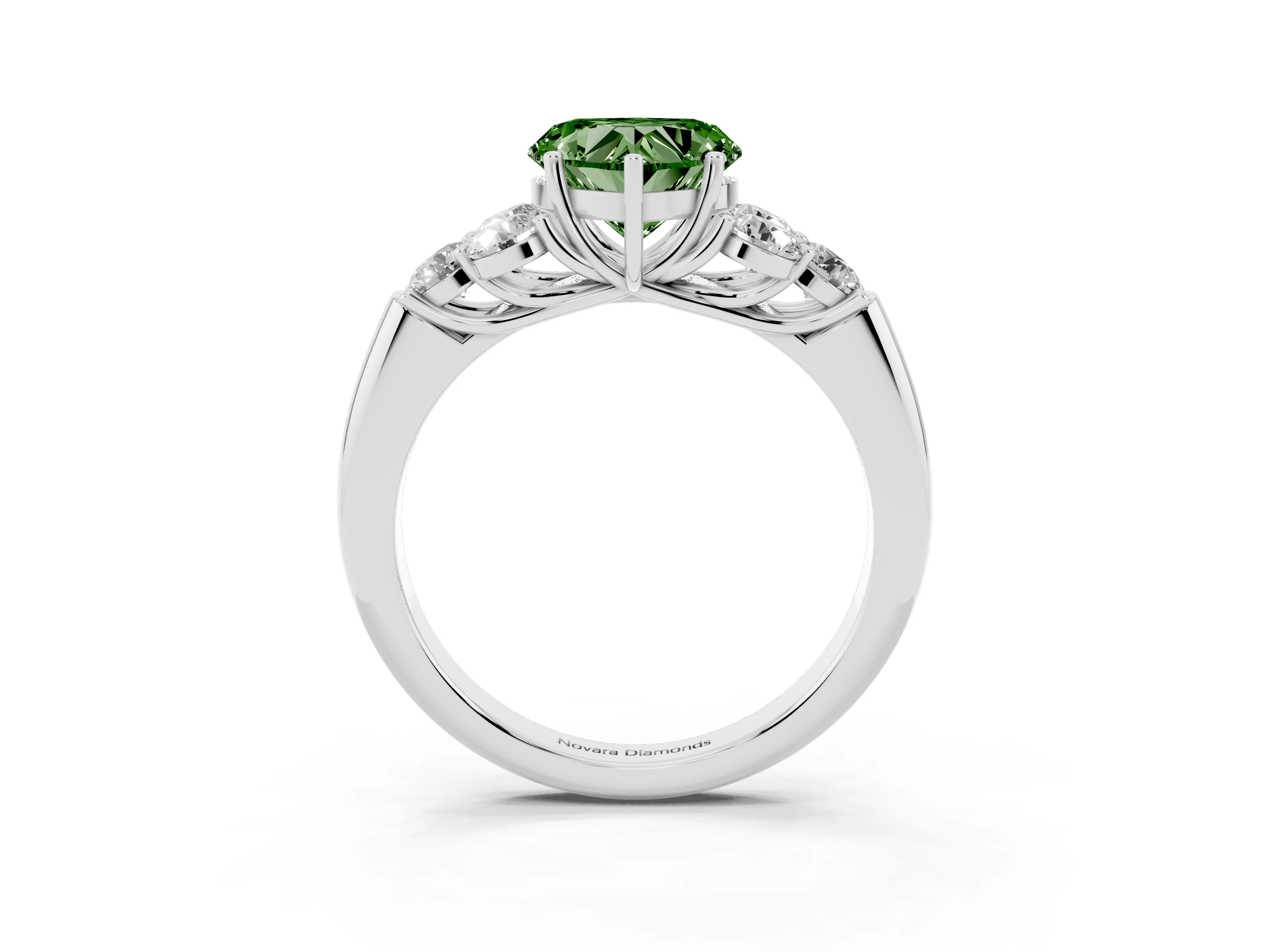 Fancy Green Heart Cut Diamond Cluster Ring Set in Platinum with Round Accent Stones and Prong Setting on a Plain Band
