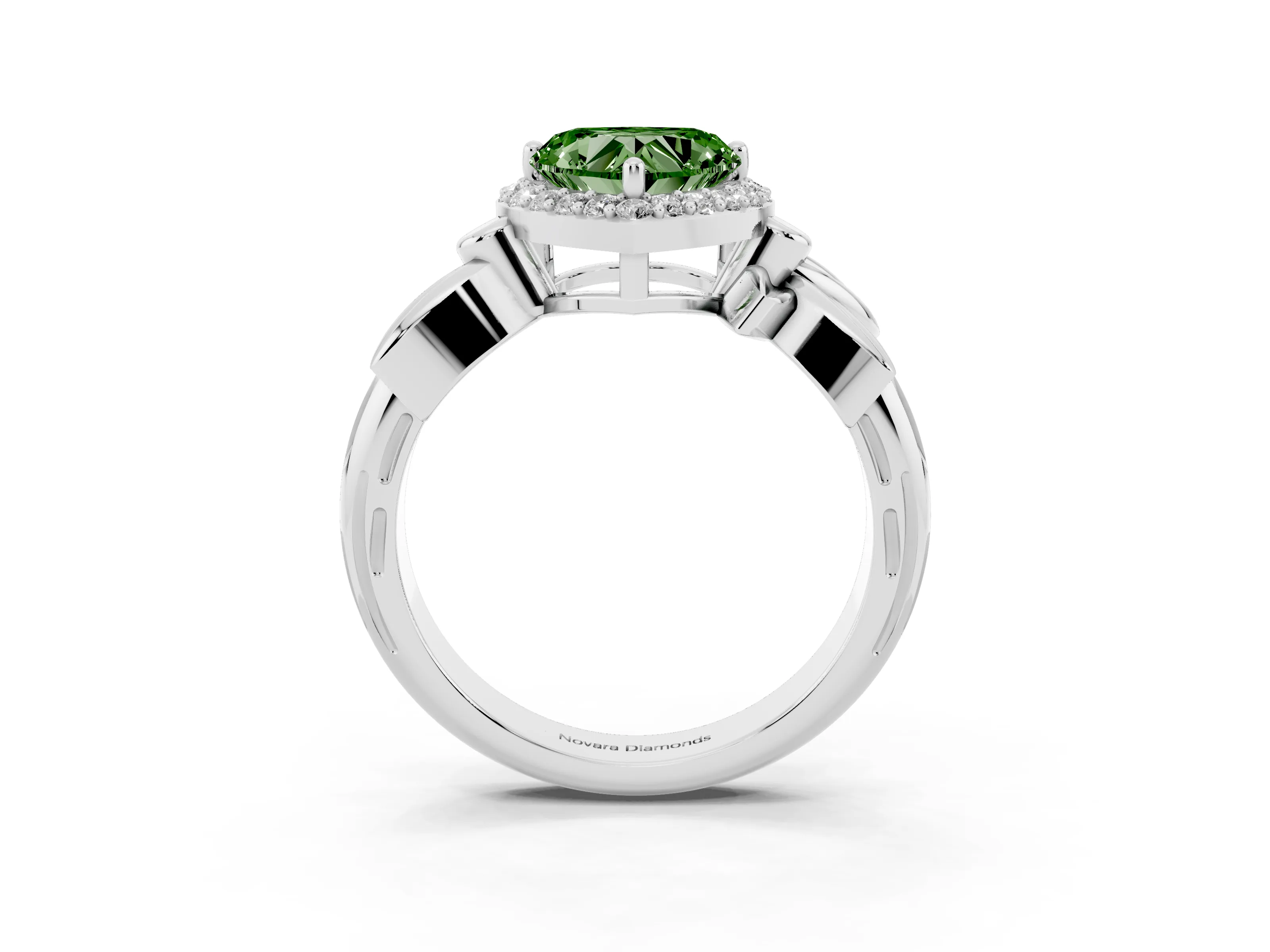Fancy Green Heart Cut Diamond Halo Floral Band Ring Set in White gold with Prong Setting