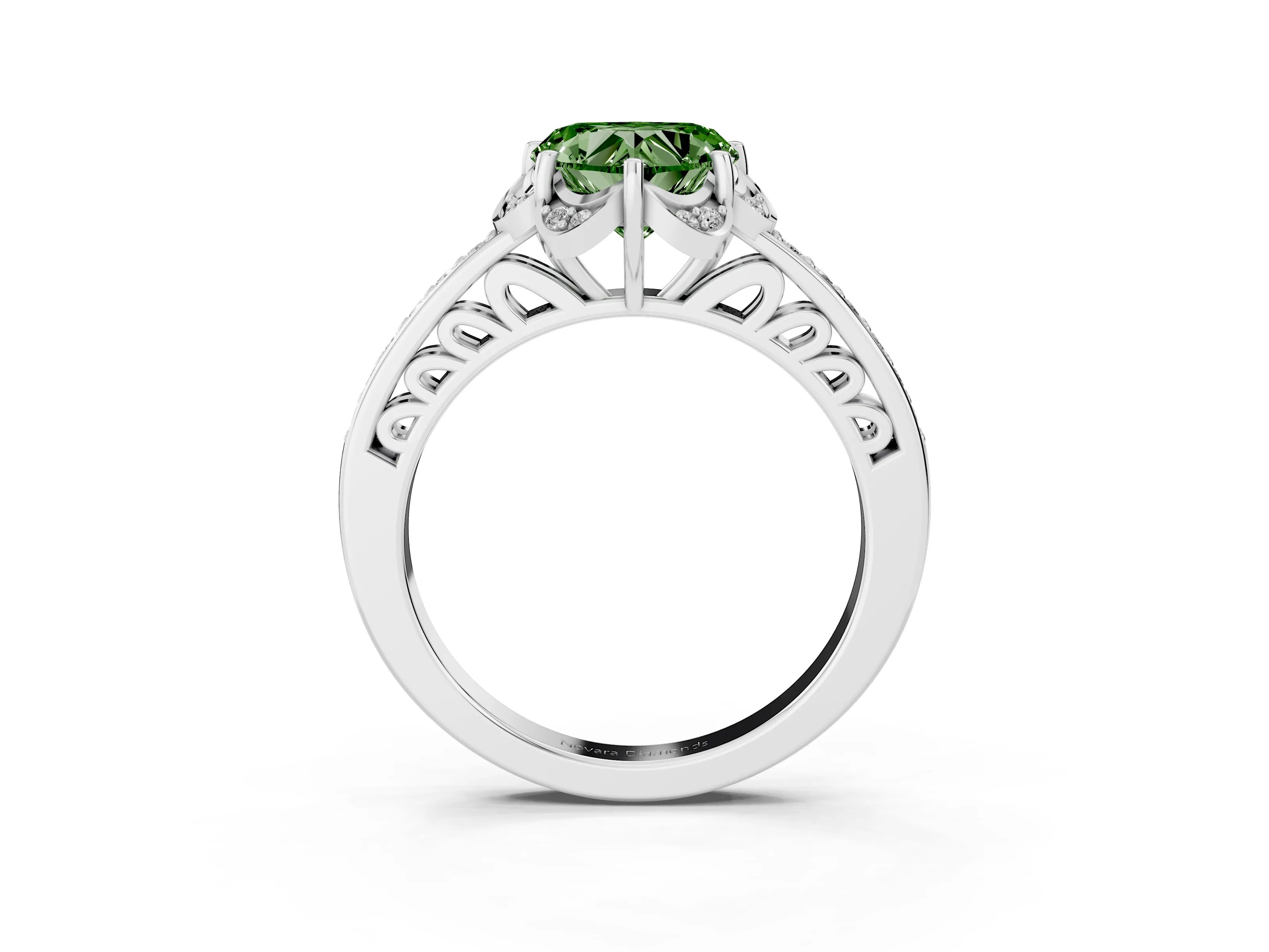 Fancy Green Heart Cut Diamond Halo Ring Set in Silver with Channel Set Band and Prong Setting