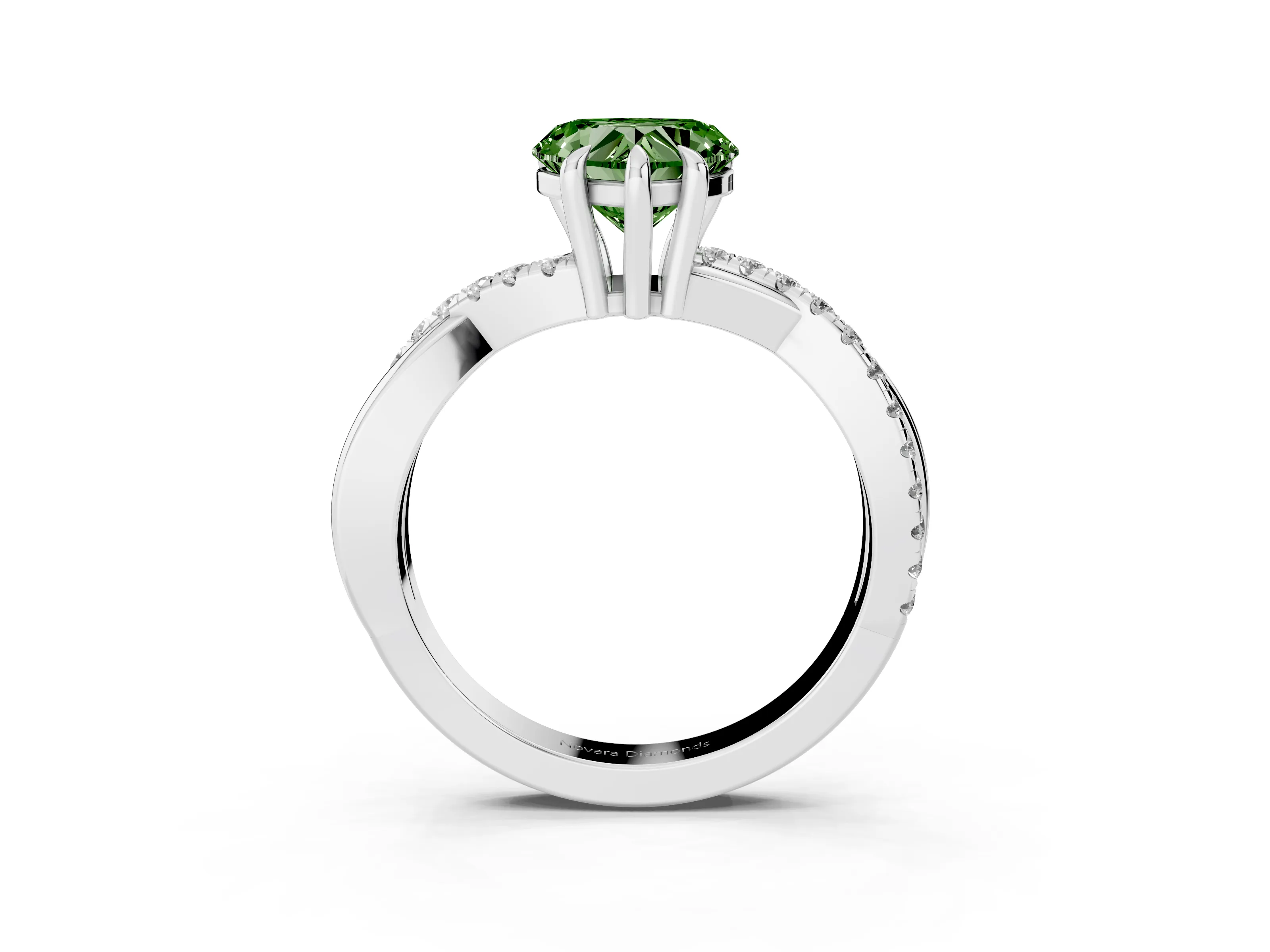 Fancy Green Heart Cut Diamond Twist Band Solitaire Set in White gold with Pavé Accents and Prong Setting