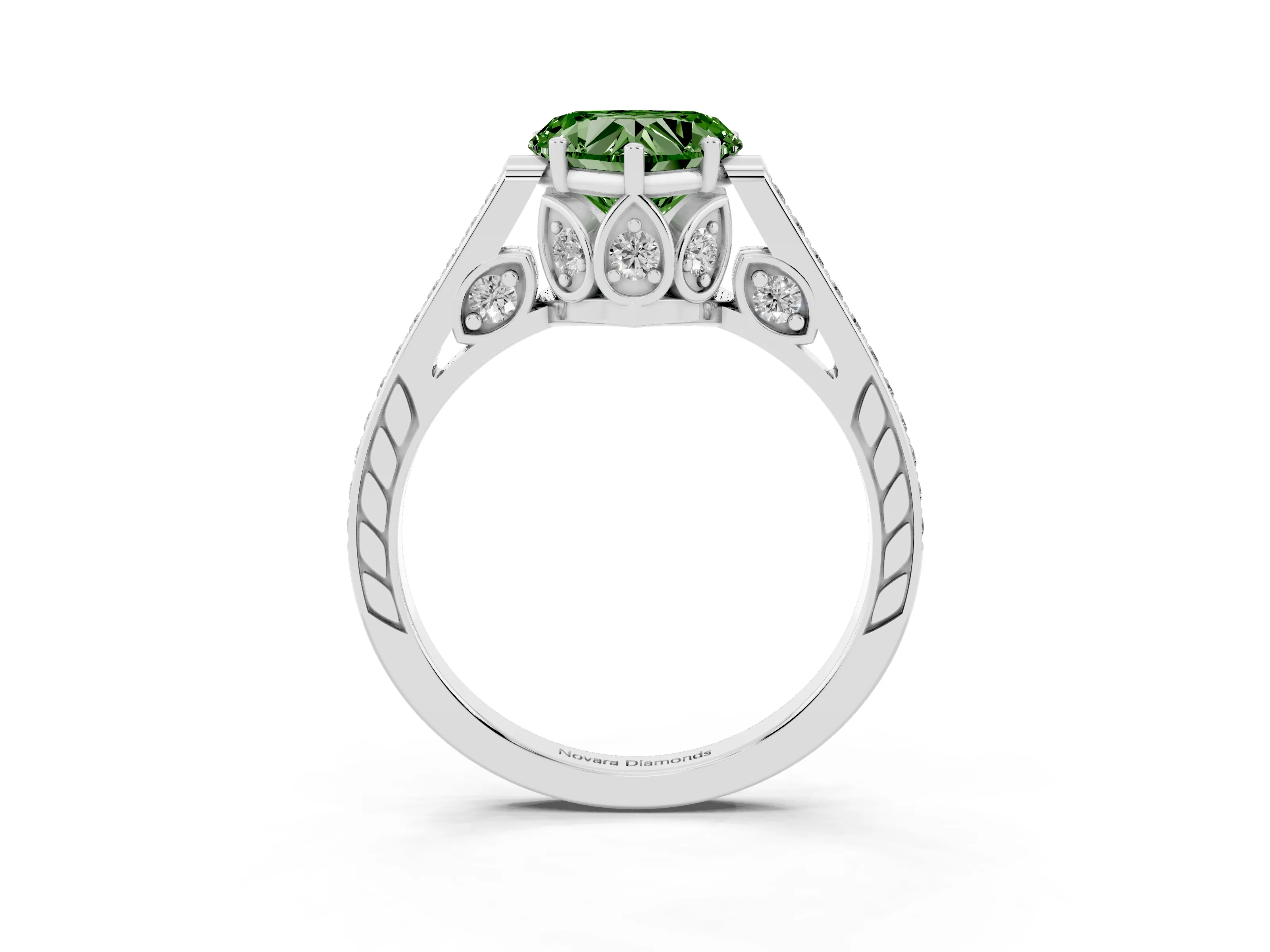 Fancy Green Heart Cut Diamond Cathedral Pavé Engagement Ring Set in Silver with Prong Setting