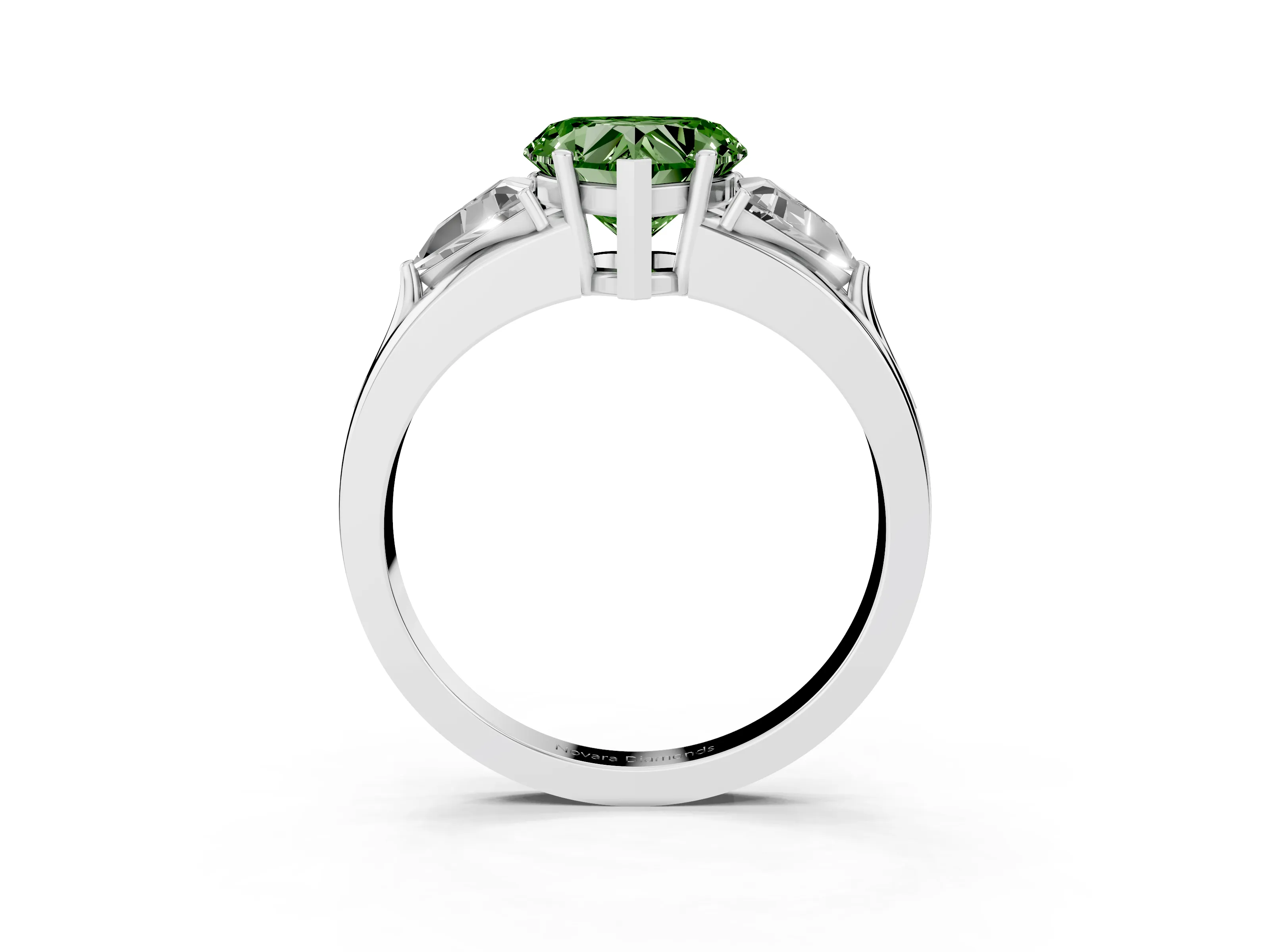 Fancy Green Heart Cut Diamond Three-Stone Ring Set in Platinum with Trillion Side Stones and Split Shank