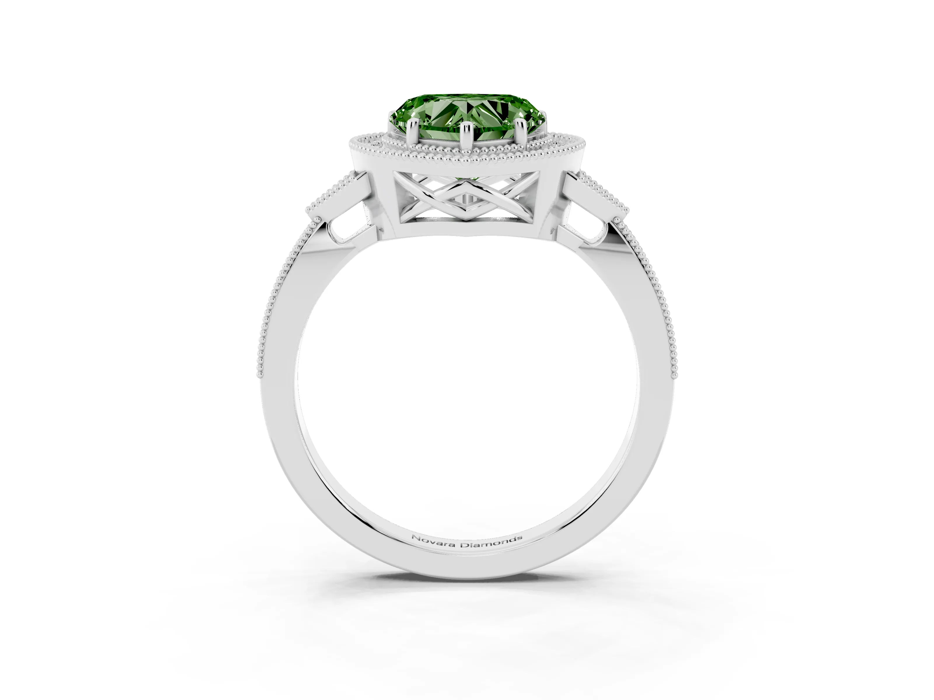 Fancy Green Heart Cut Diamond Halo Engagement Ring Set in White gold with Milgrain Pavé Band