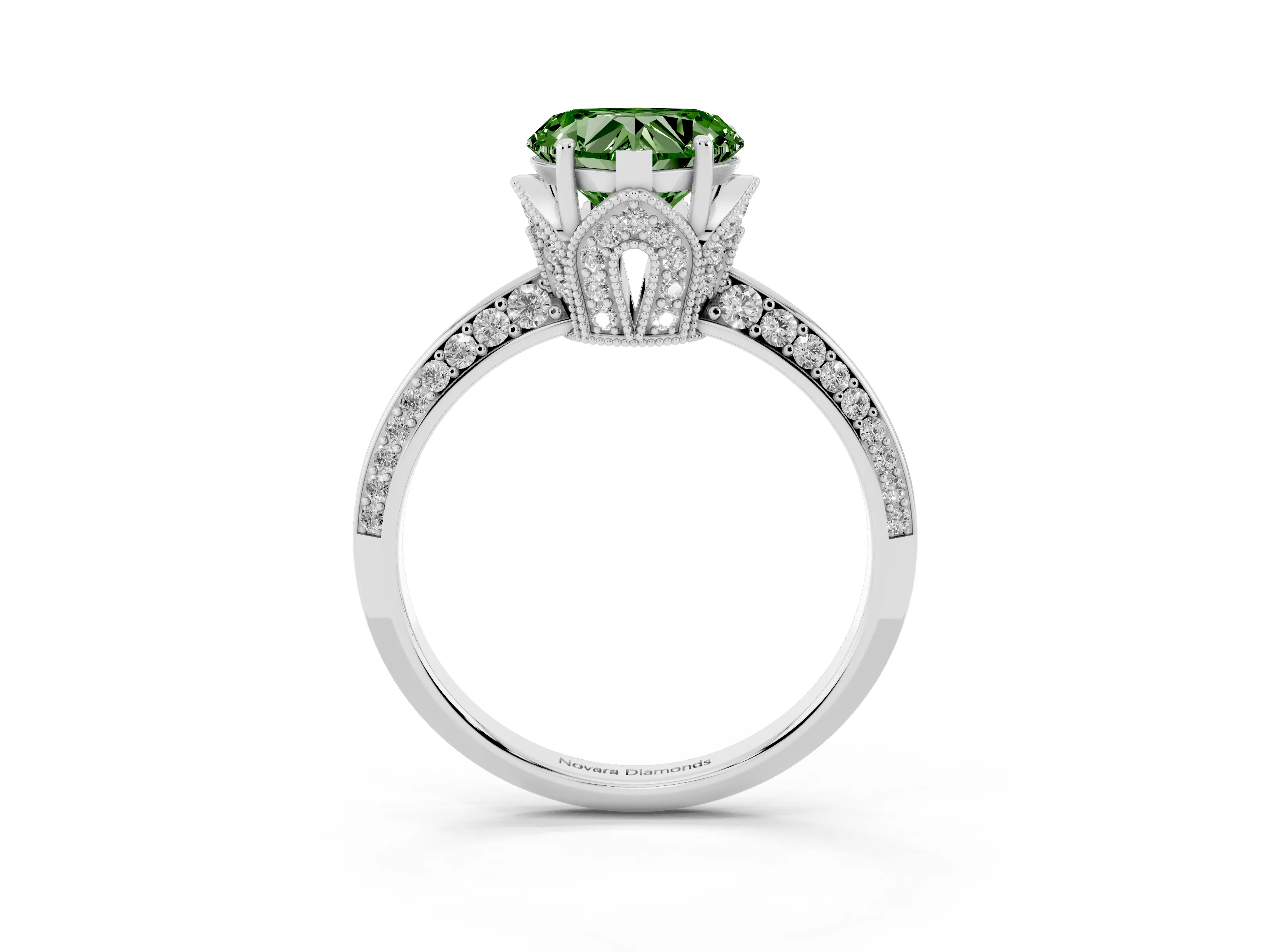 Fancy Green Heart Cut Diamond Solitaire Engagement Ring Set in White gold with Pavé Split Shank and Prong Setting