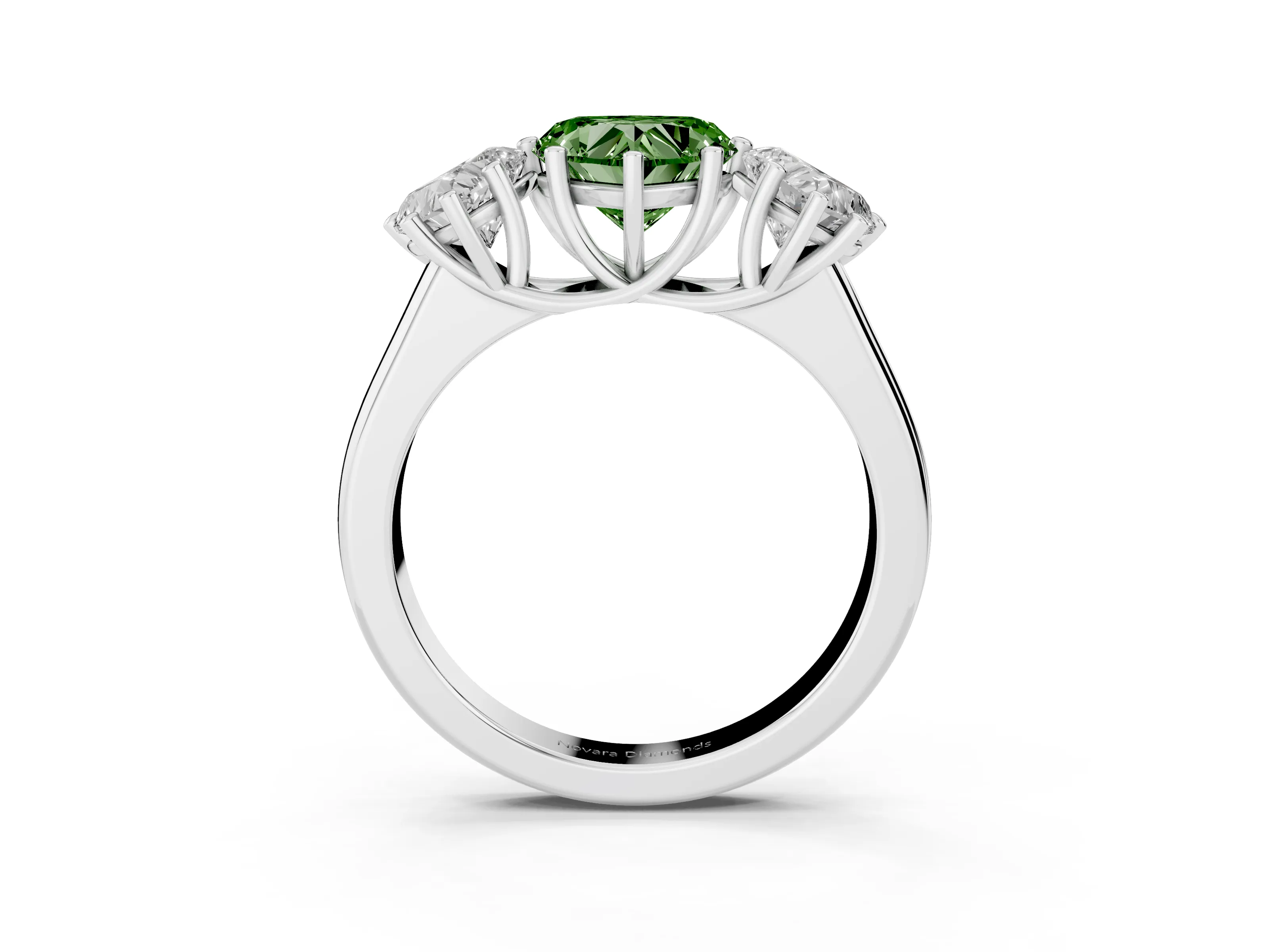 Fancy Green Heart Cut Diamond Three-Stone Ring Set in Silver with Plain Polished Band