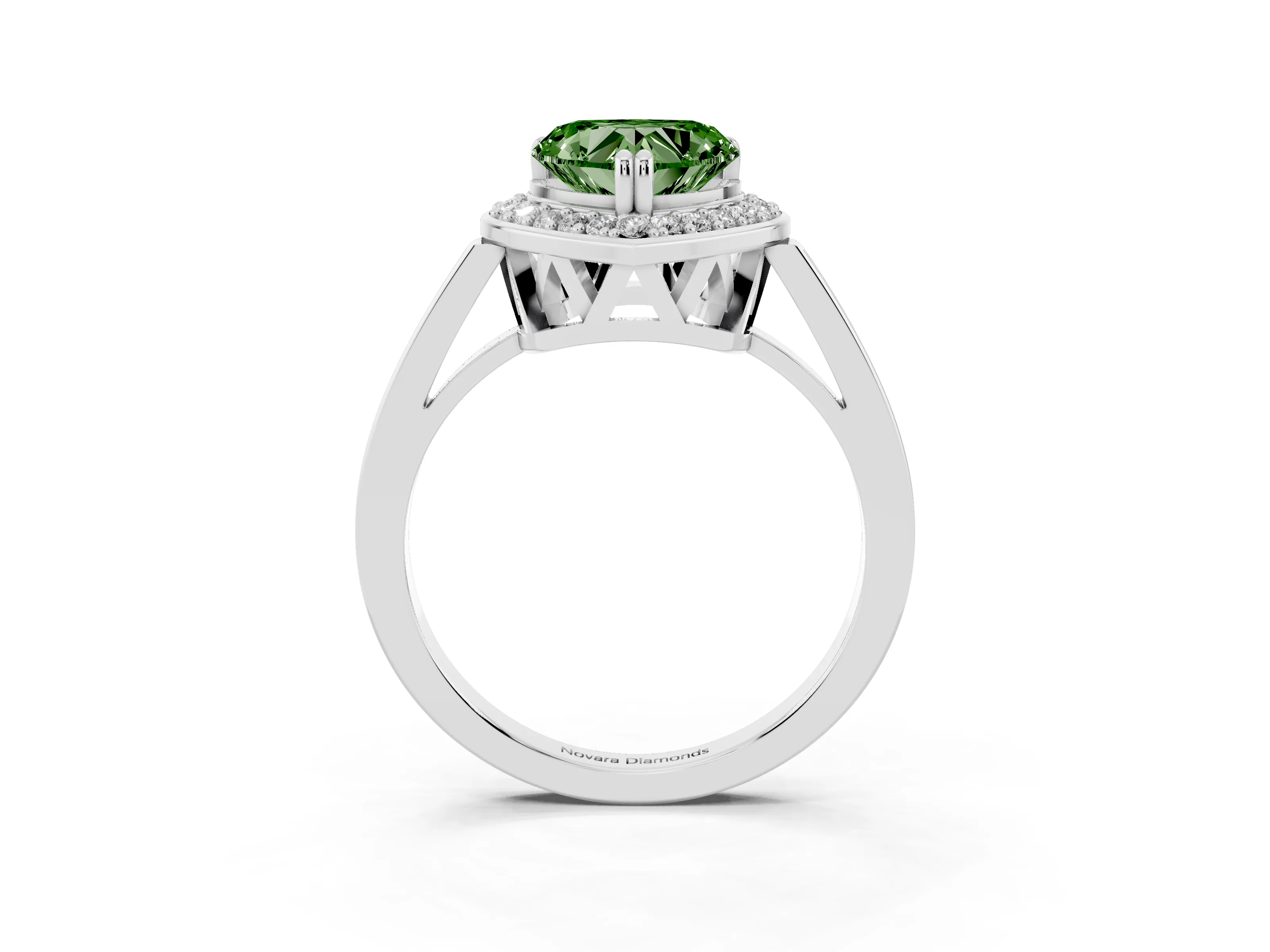 Fancy Green Heart Cut Diamond Halo Ring Set in White gold with Accent-Lined Split Shank and Prong Setting