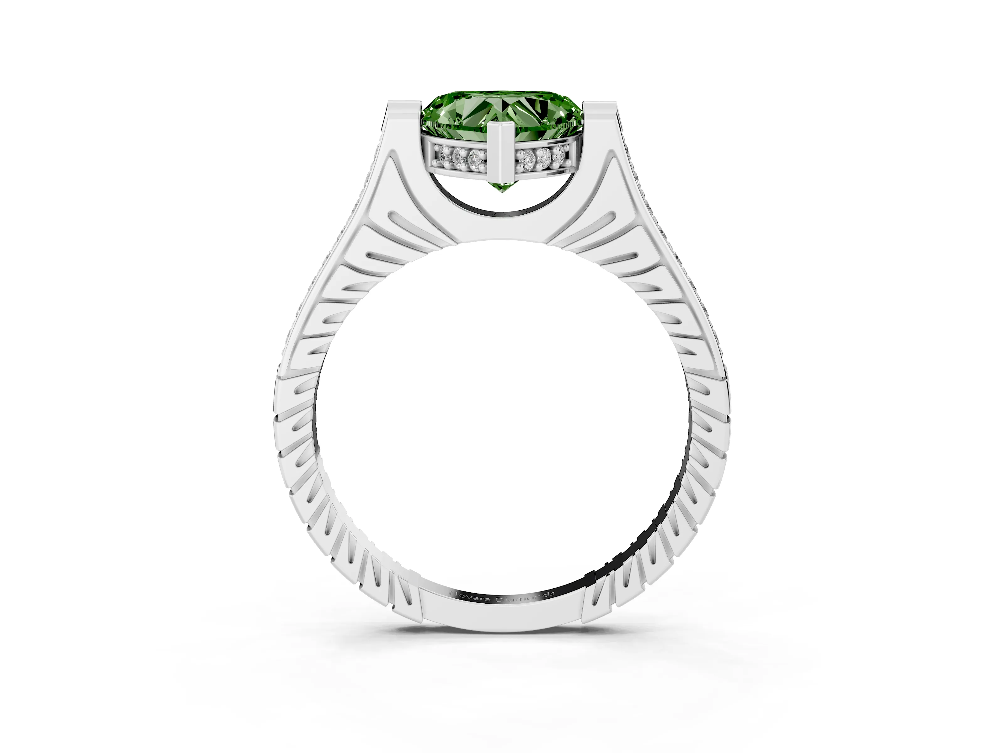 Fancy Green Heart Cut Diamond Solitaire Ring Set in White gold with Channel Set Band and Bezel Prong Setting
