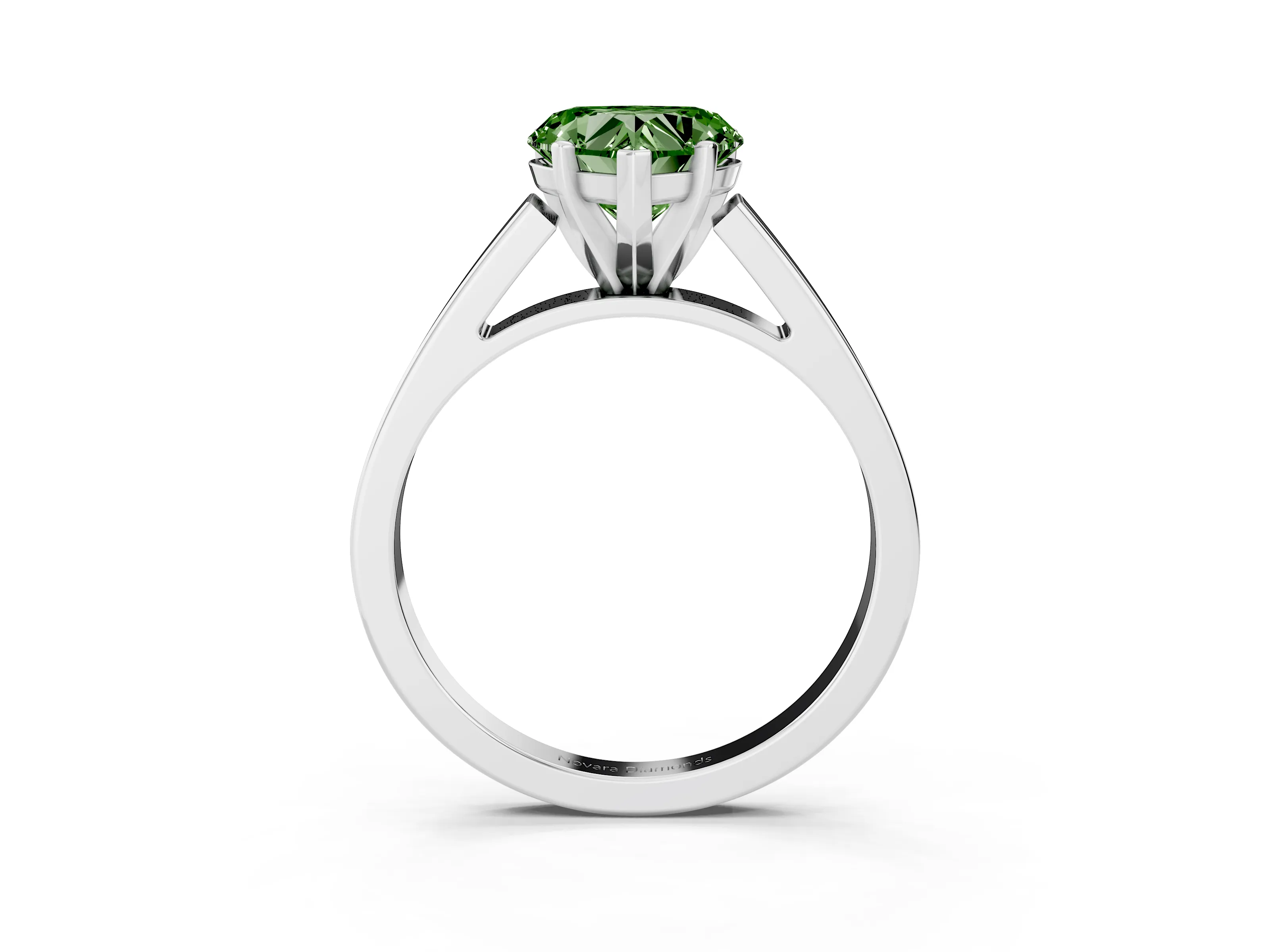 Fancy Green Heart Cut Diamond Solitaire Engagement Ring Set in White gold with Prong Setting and Tapered Band