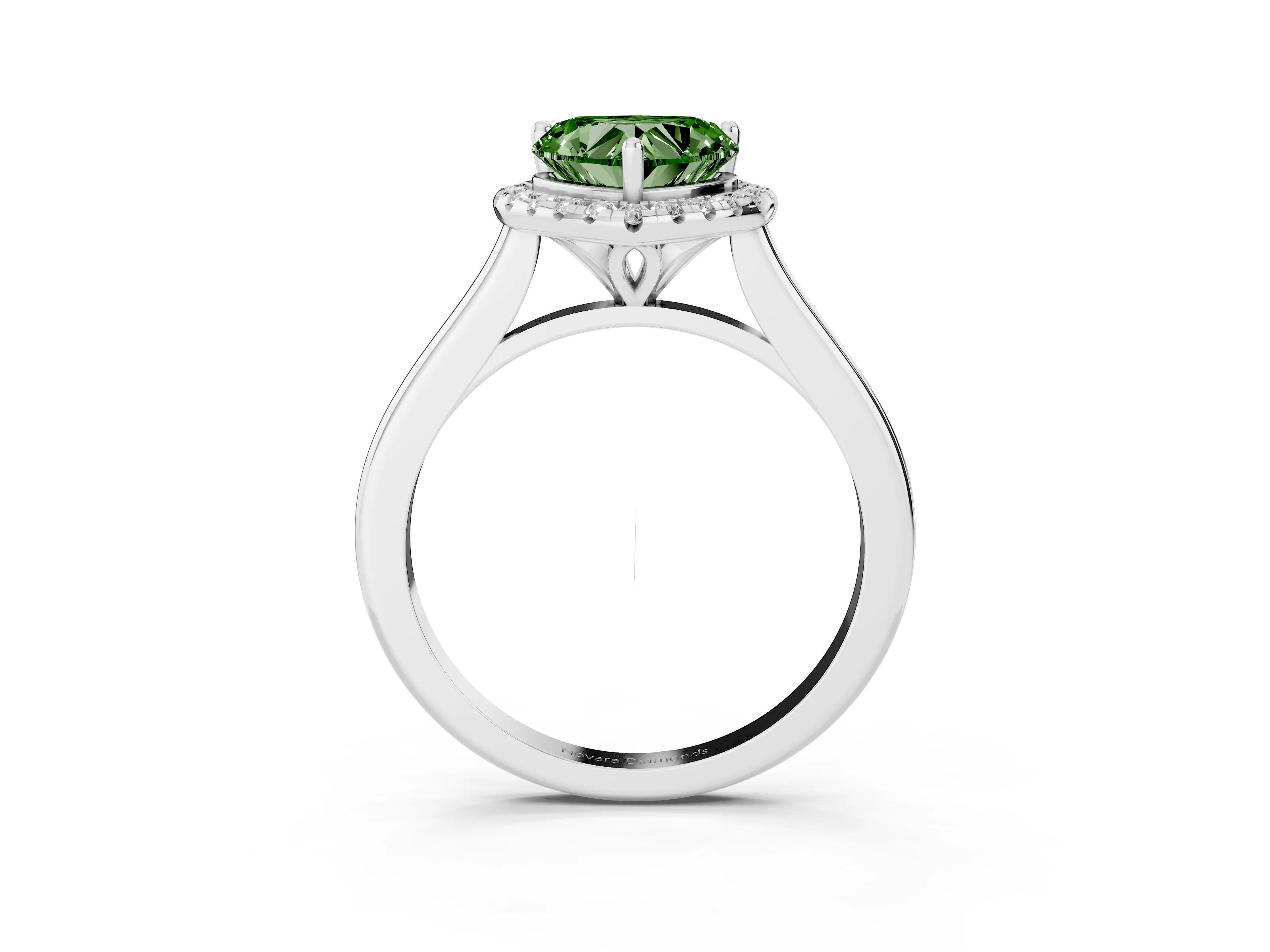 Fancy Green Heart Cut Diamond Halo Engagement Ring Set in White gold with Pavé Band and Rising Shoulders