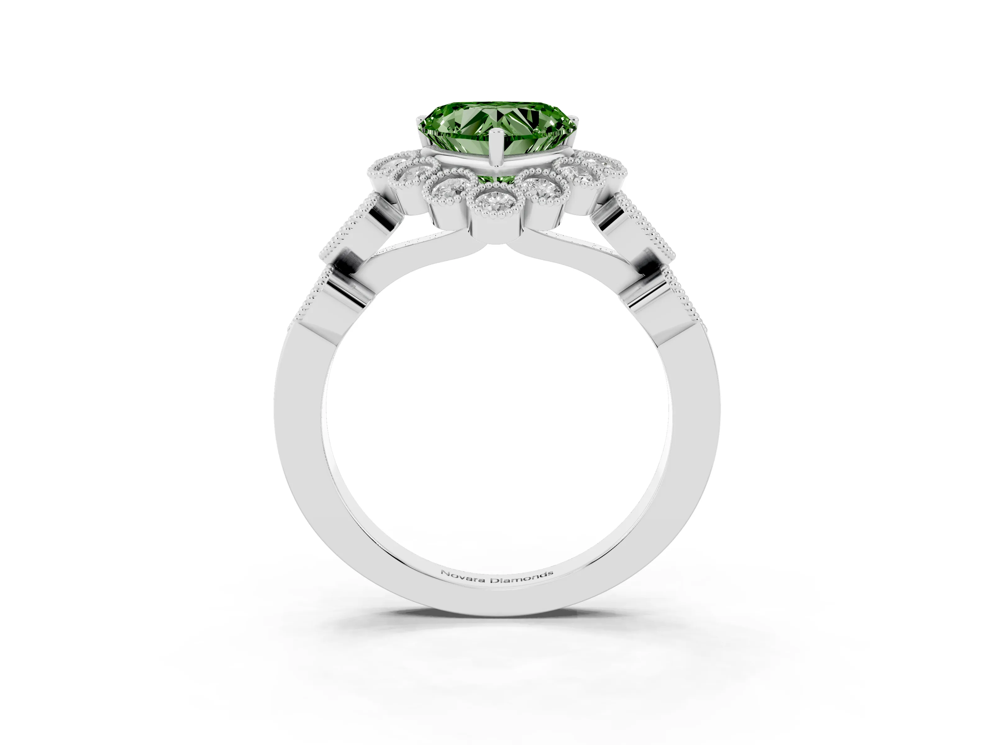 Fancy Green Heart Cut Diamond Solitaire Ring Set in Platinum with Milgrain Pavé Heart Band