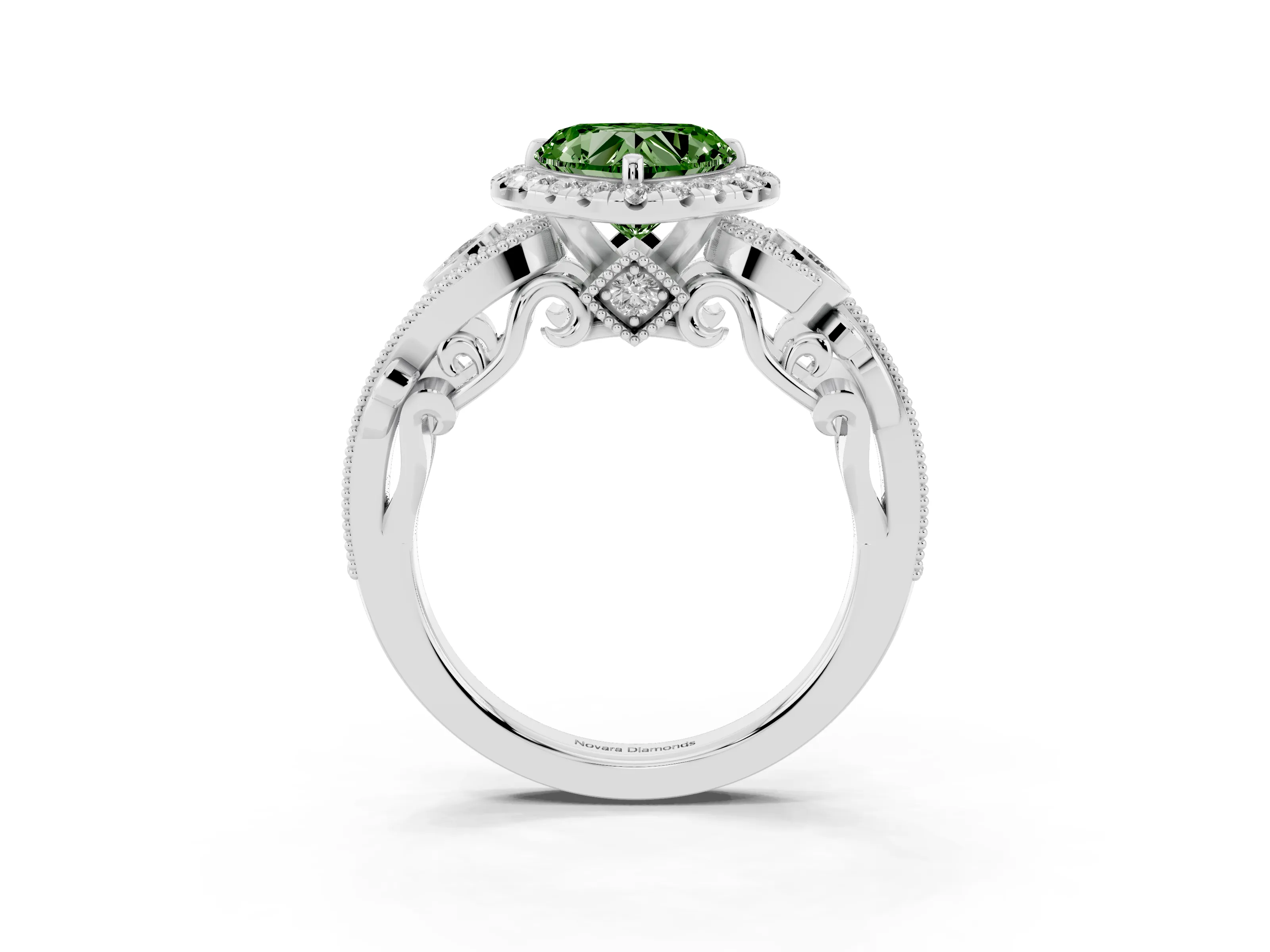 Fancy Green Heart Cut Diamond Halo Ring Set in White gold with Milgrain Pavé Band and Prong Setting