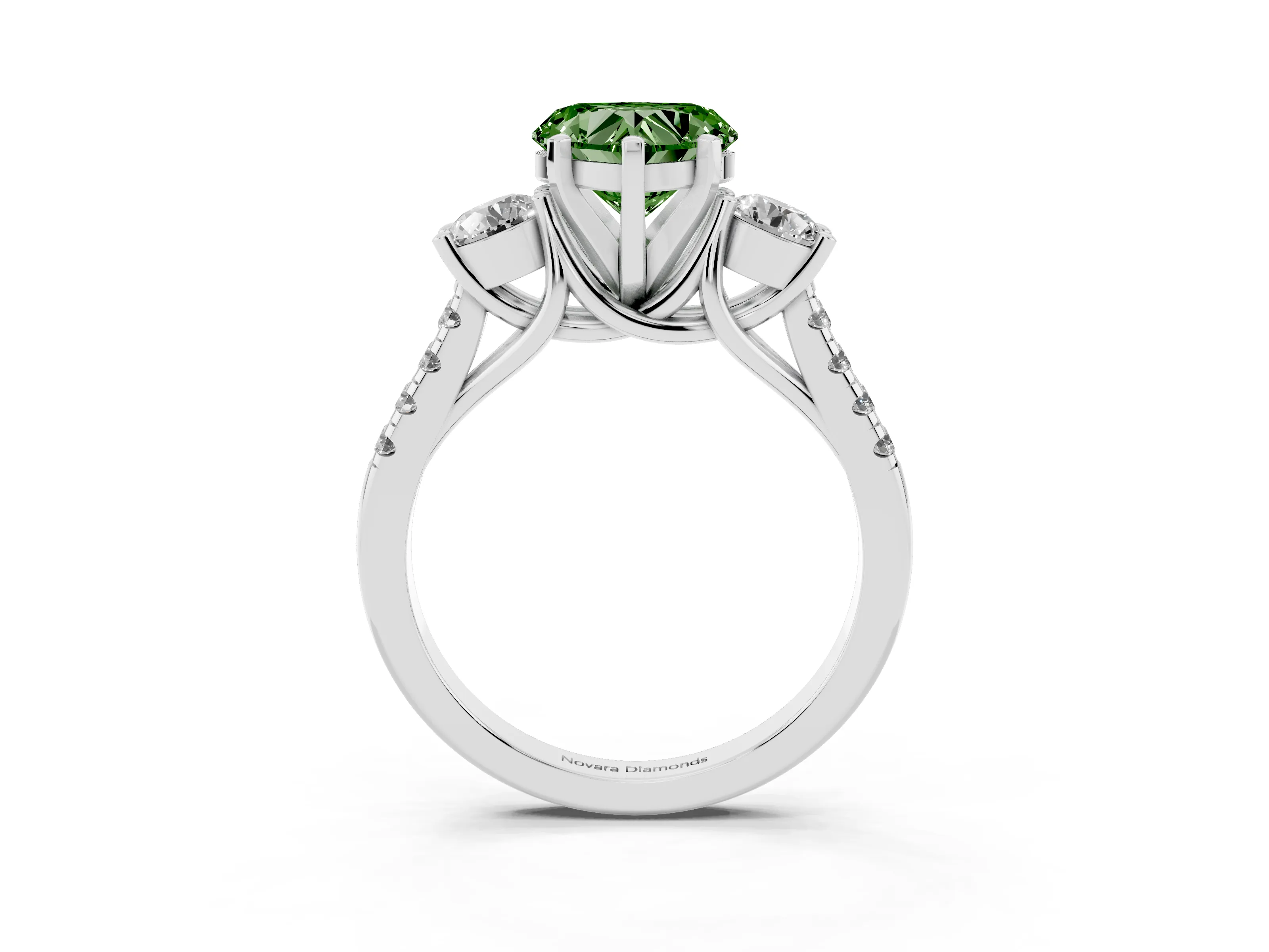 Fancy Green Three-Stone Heart Cut Diamond Pavé Band Ring Set in White gold with Prong-Set Trio