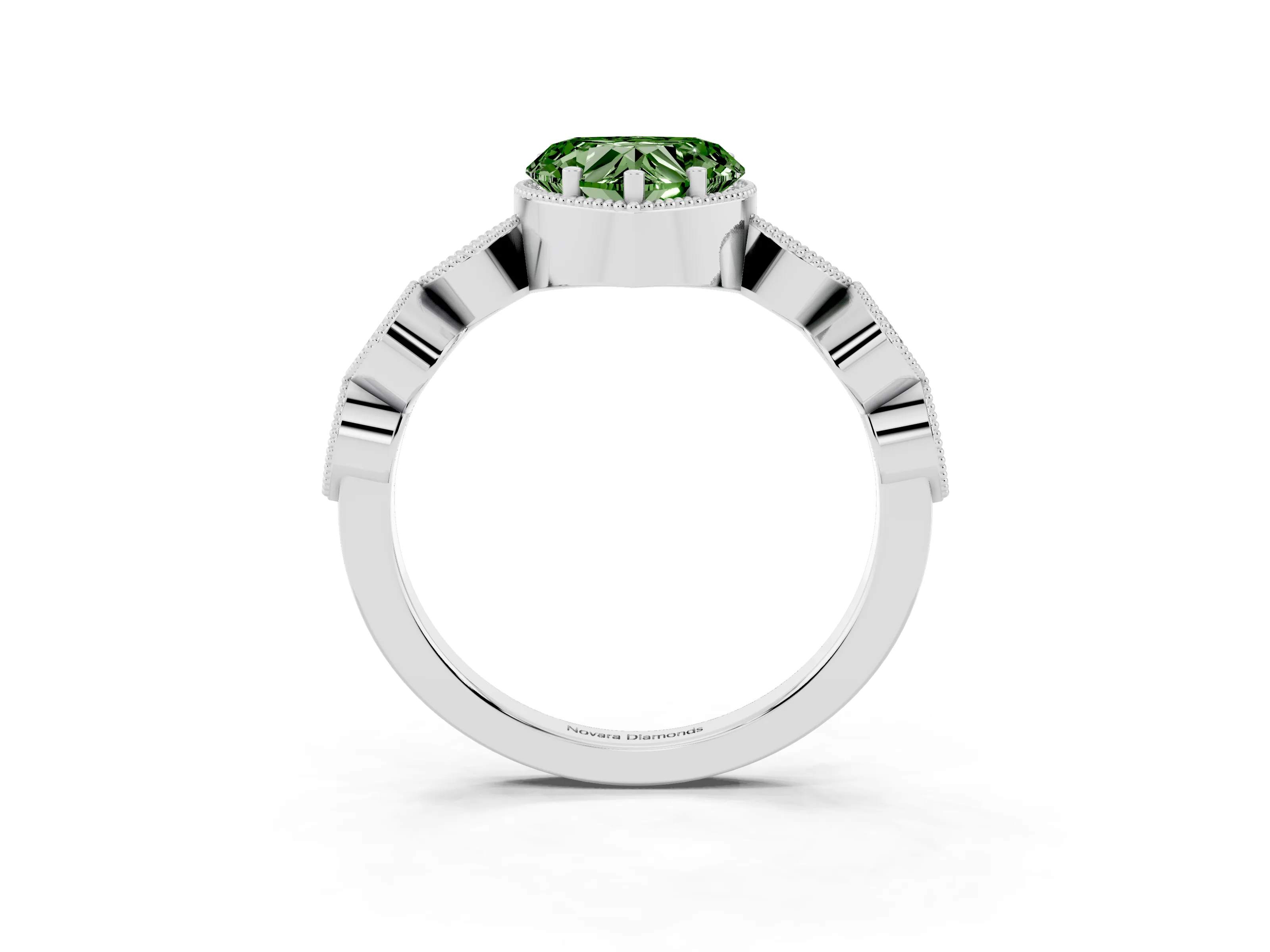 Fancy Green Heart Cut Diamond Vintage-Inspired Milgrain Ring Set in Silver with Marquise Stations of Round Accents