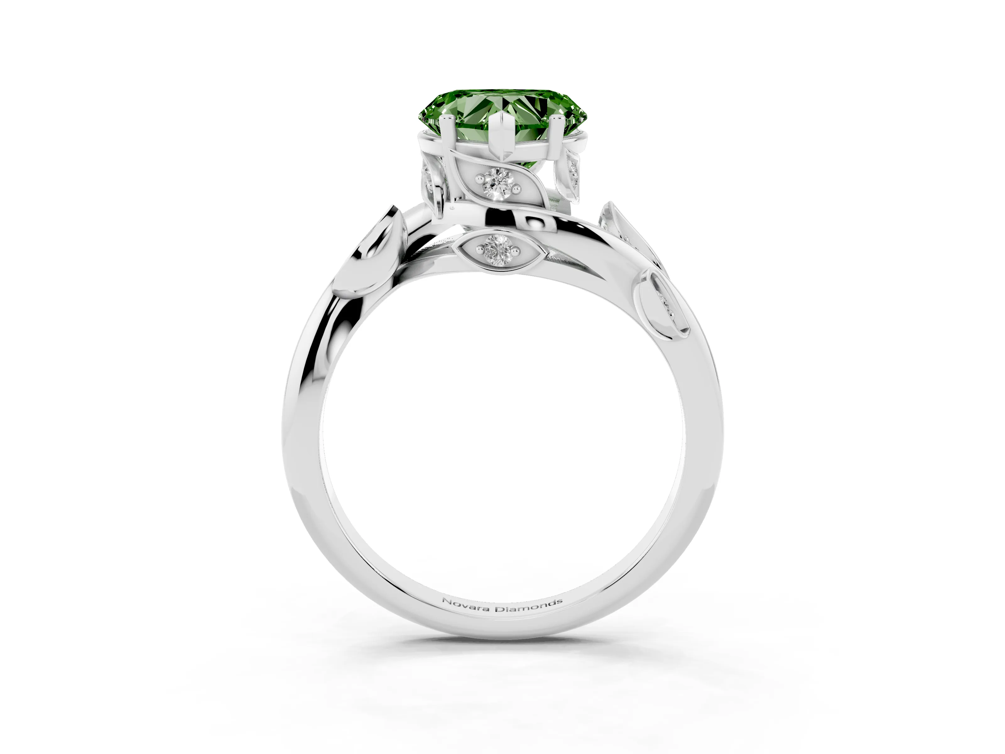 Fancy Green Heart Cut Diamond Solitaire Twist Engagement Ring Set in Silver with Pavé Leaf Accents