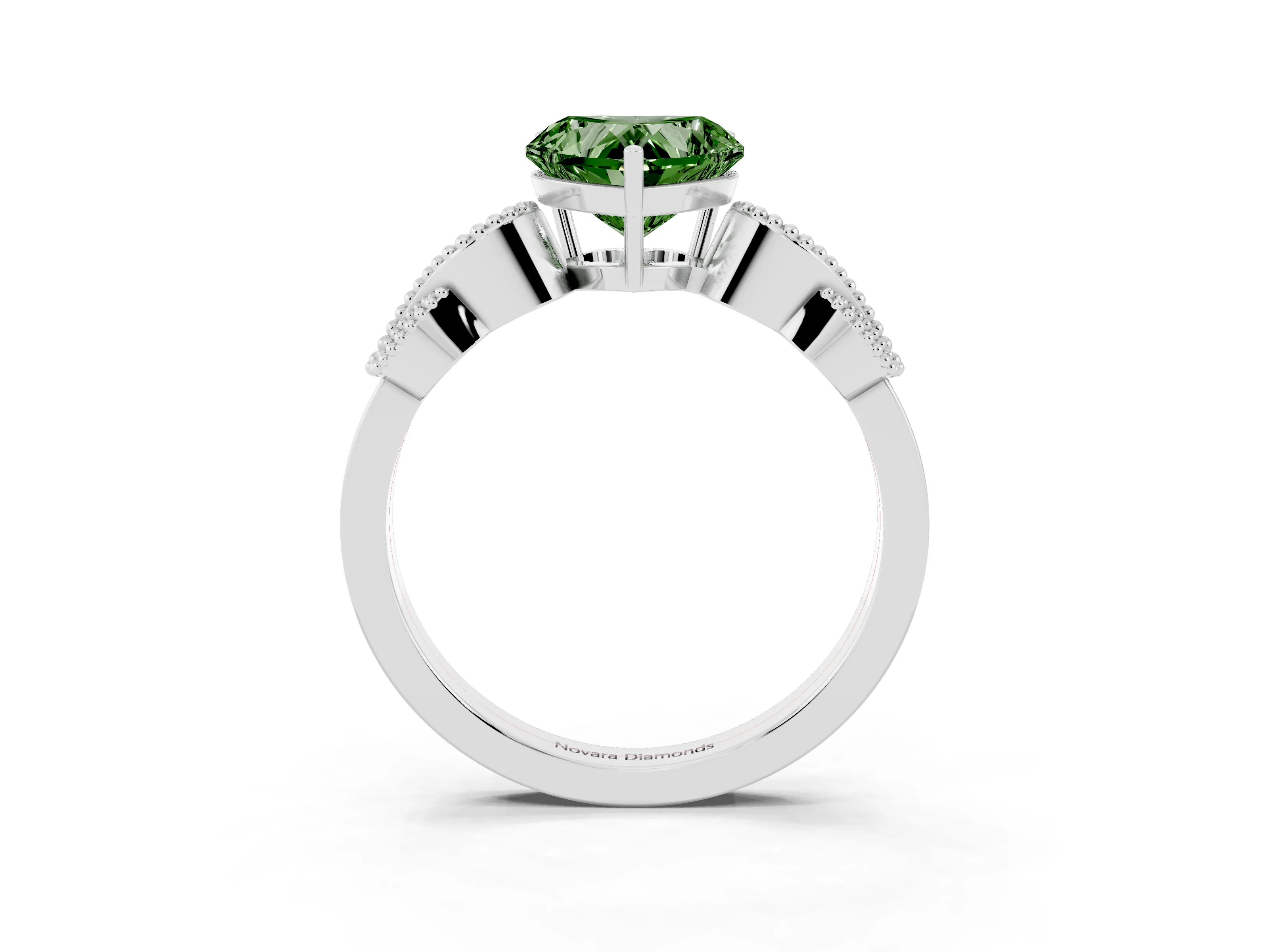 Fancy Green Heart Cut Diamond Milgrain Leaf Band Solitaire Ring Set in White gold with Accent Stones and Prong Setting