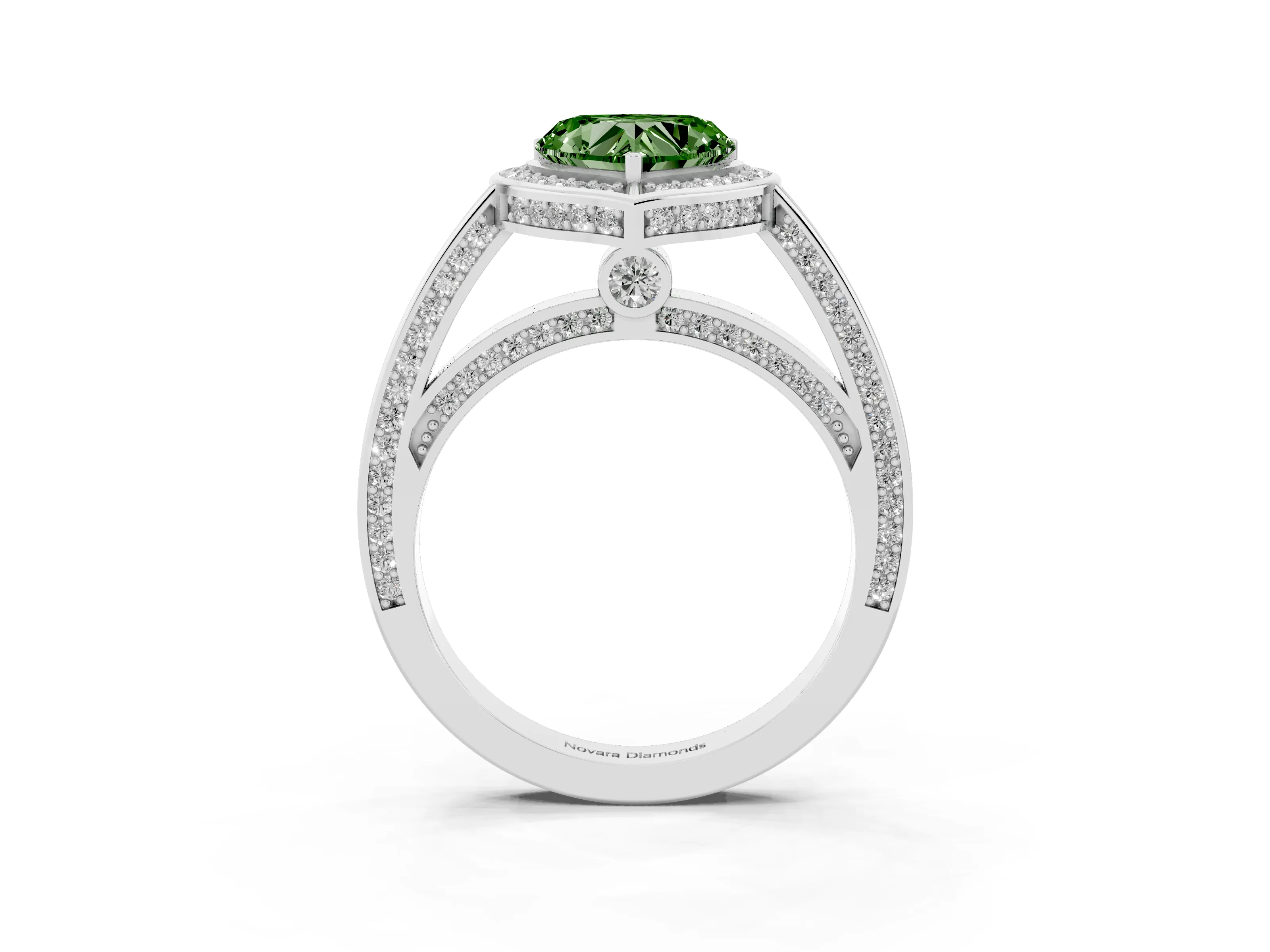 Fancy Green Heart Cut Diamond Halo Pavé Split Shank Ring Set in Platinum with Prong Setting