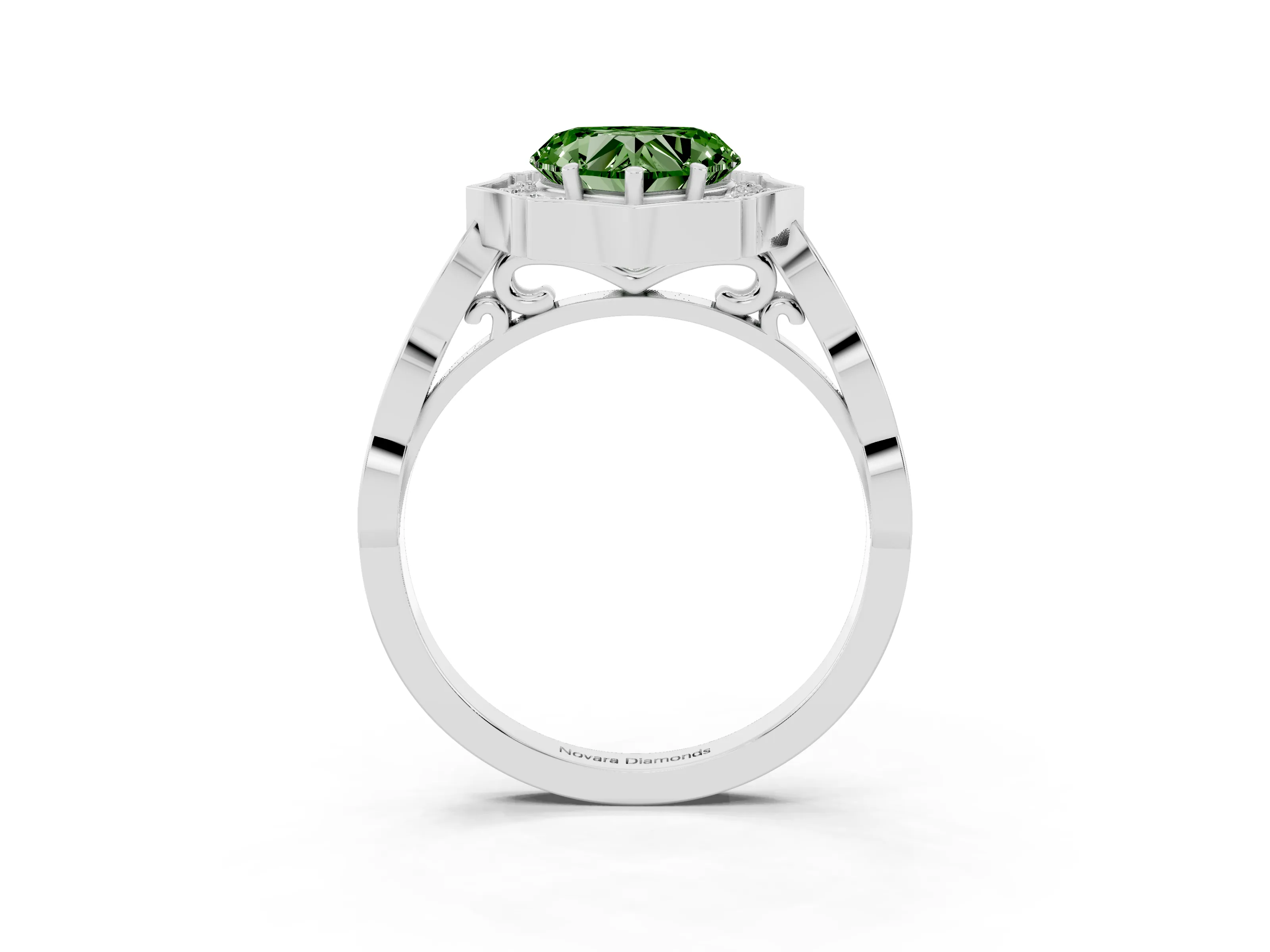 Fancy Green Heart Cut Diamond Halo Engagement Ring Set in White gold with Milgrain Band and Prong Setting