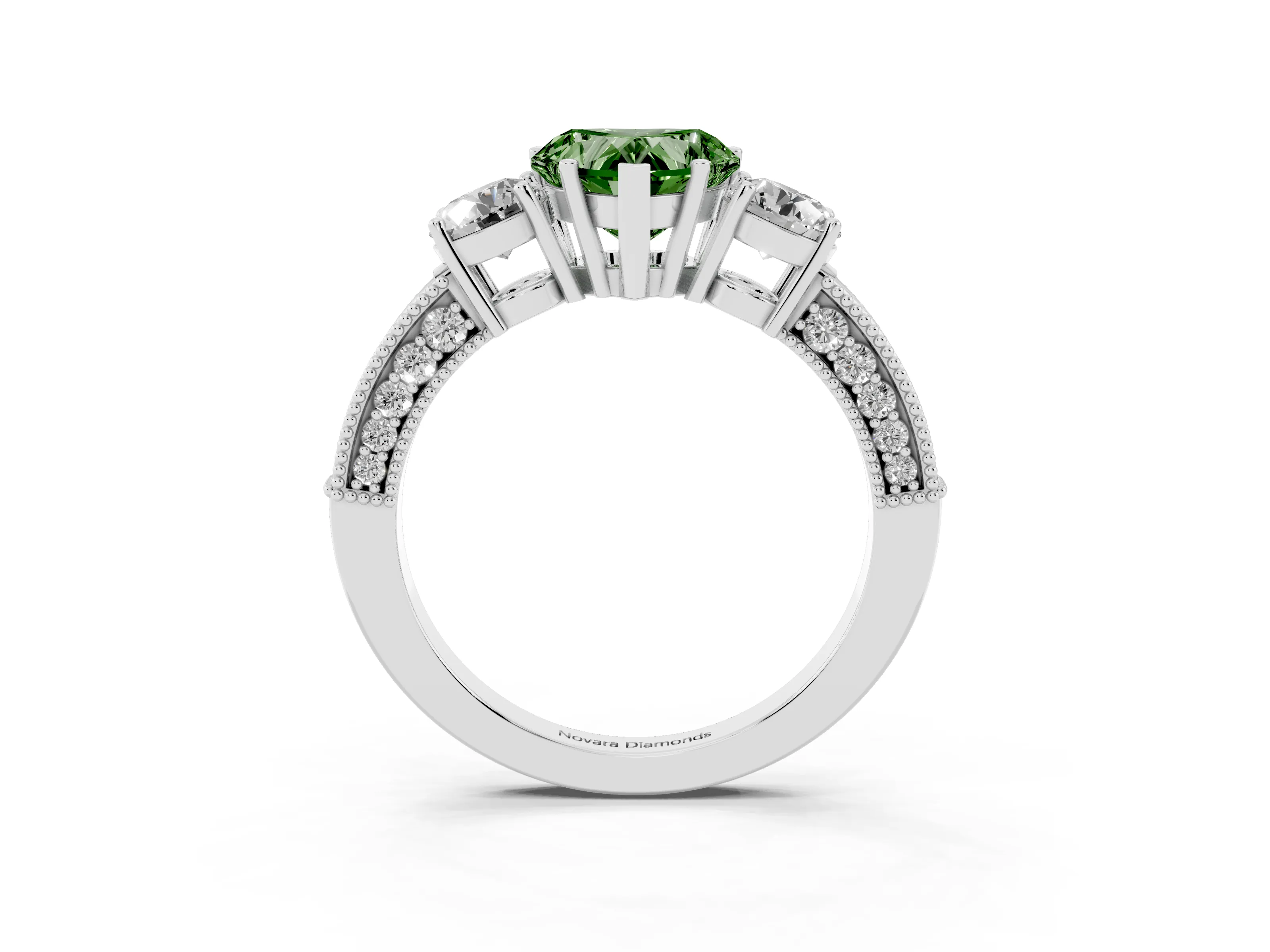 Fancy Green Heart Cut Diamond Three-Stone Ring Set in White gold with Round Side Stones and Pavé Band