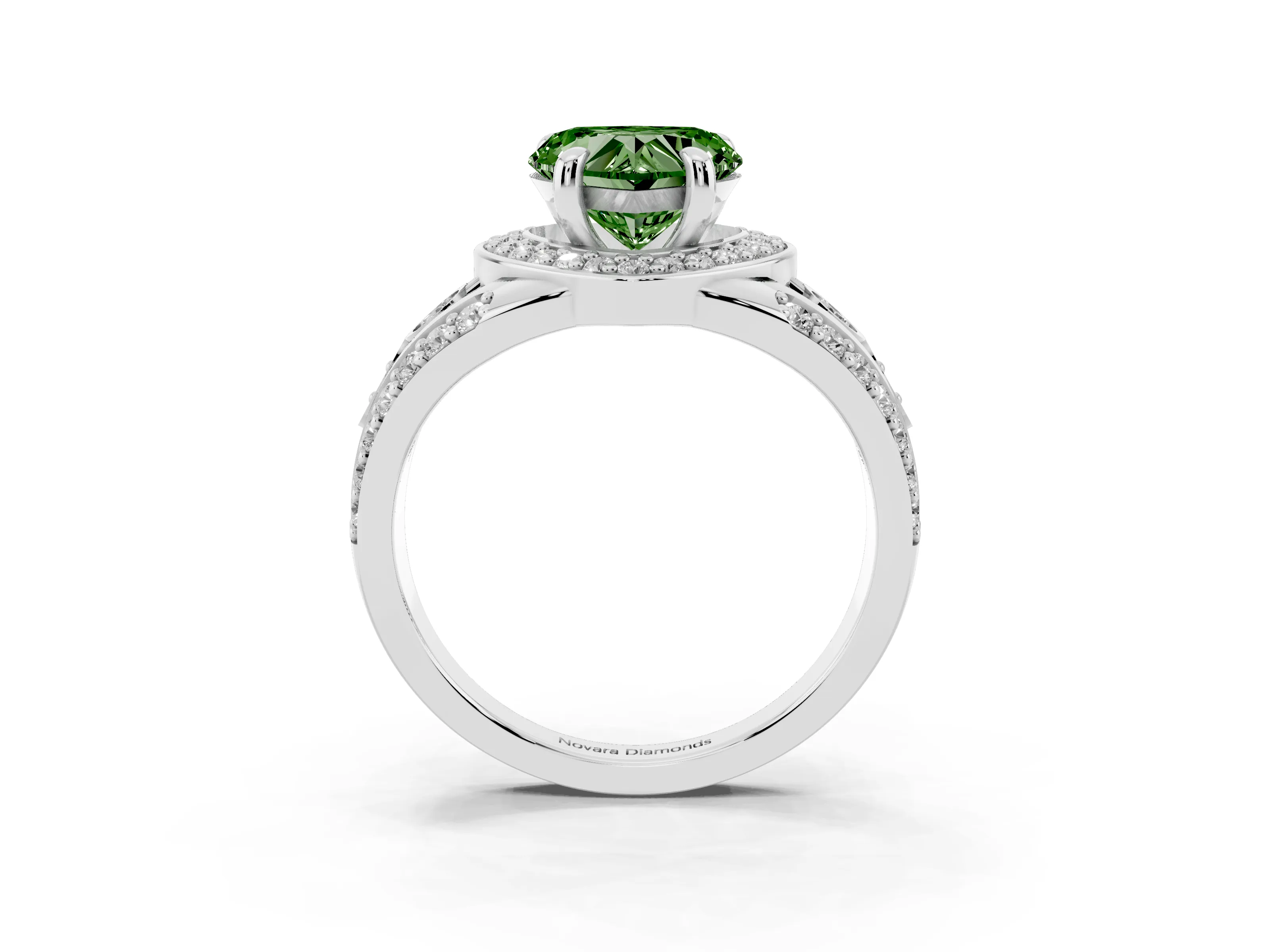 Fancy Green Heart Cut Diamond Halo Ring Set in White gold with Pavé Split Shank and Bezel Accents