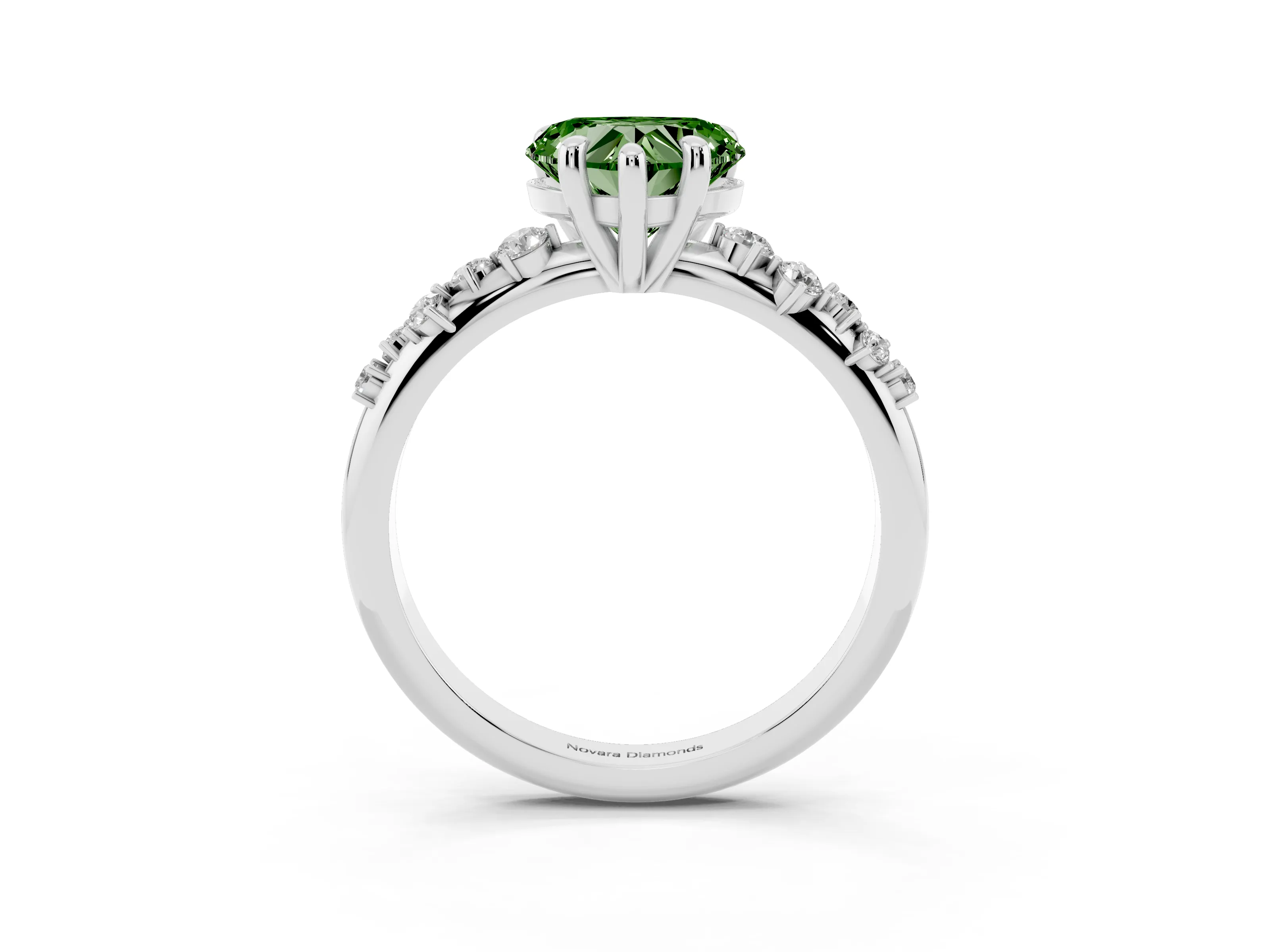 Fancy Green Heart Cut Diamond Solitaire Vine Band Ring Set in Silver with Round Accents and Prong Setting