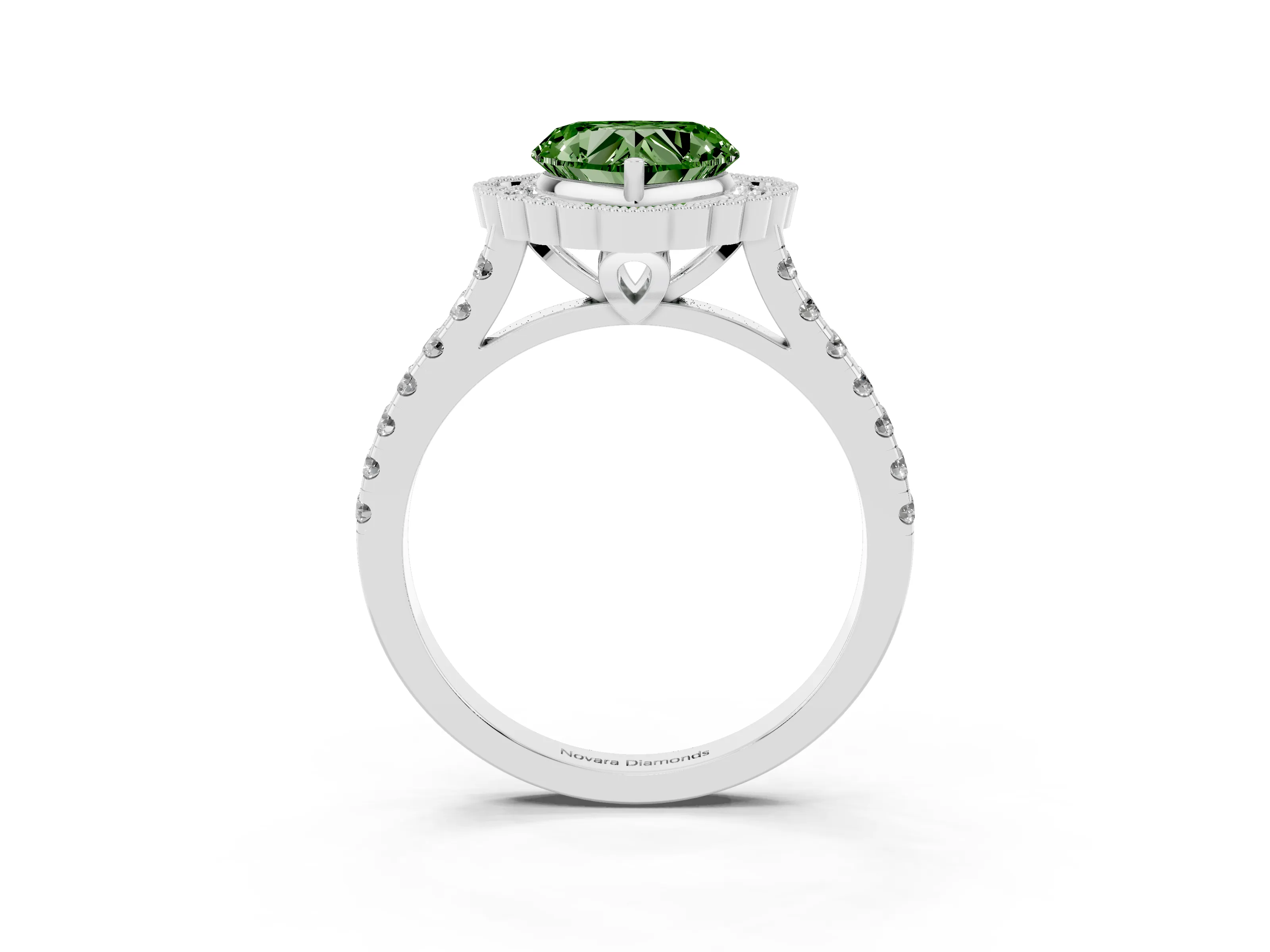 Fancy Green Heart Cut Diamond Milgrain Floral Halo Engagement Ring Set in White gold with Pavé Band