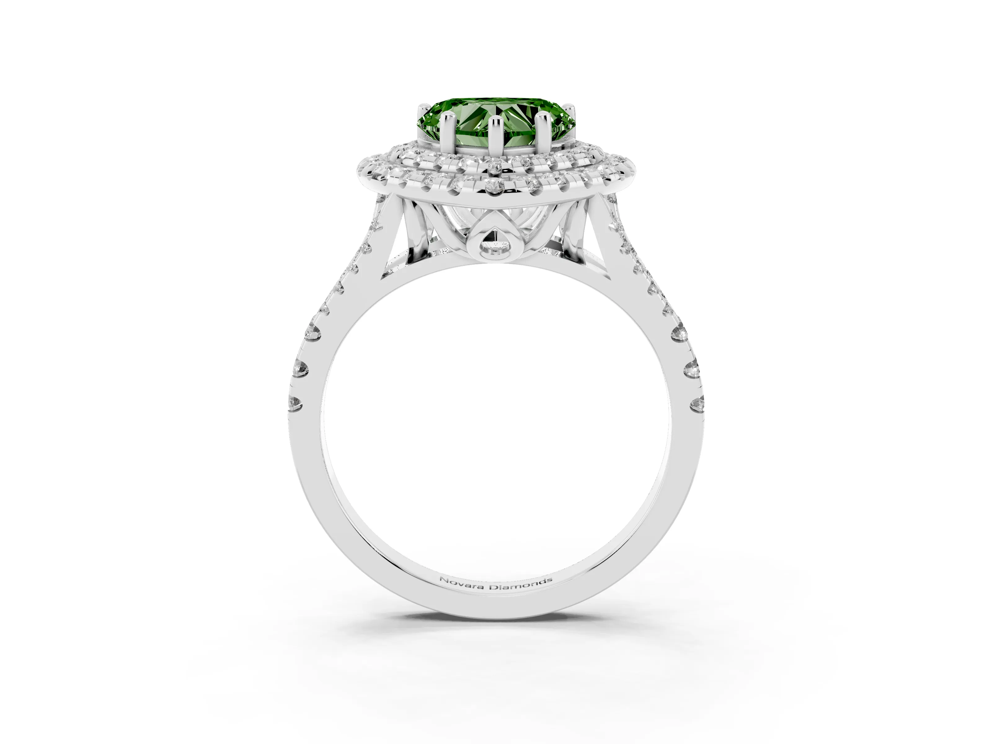 Fancy Green Heart Cut Diamond Double Halo Ring Set in Silver with Pavé Split Shank and Prong Setting