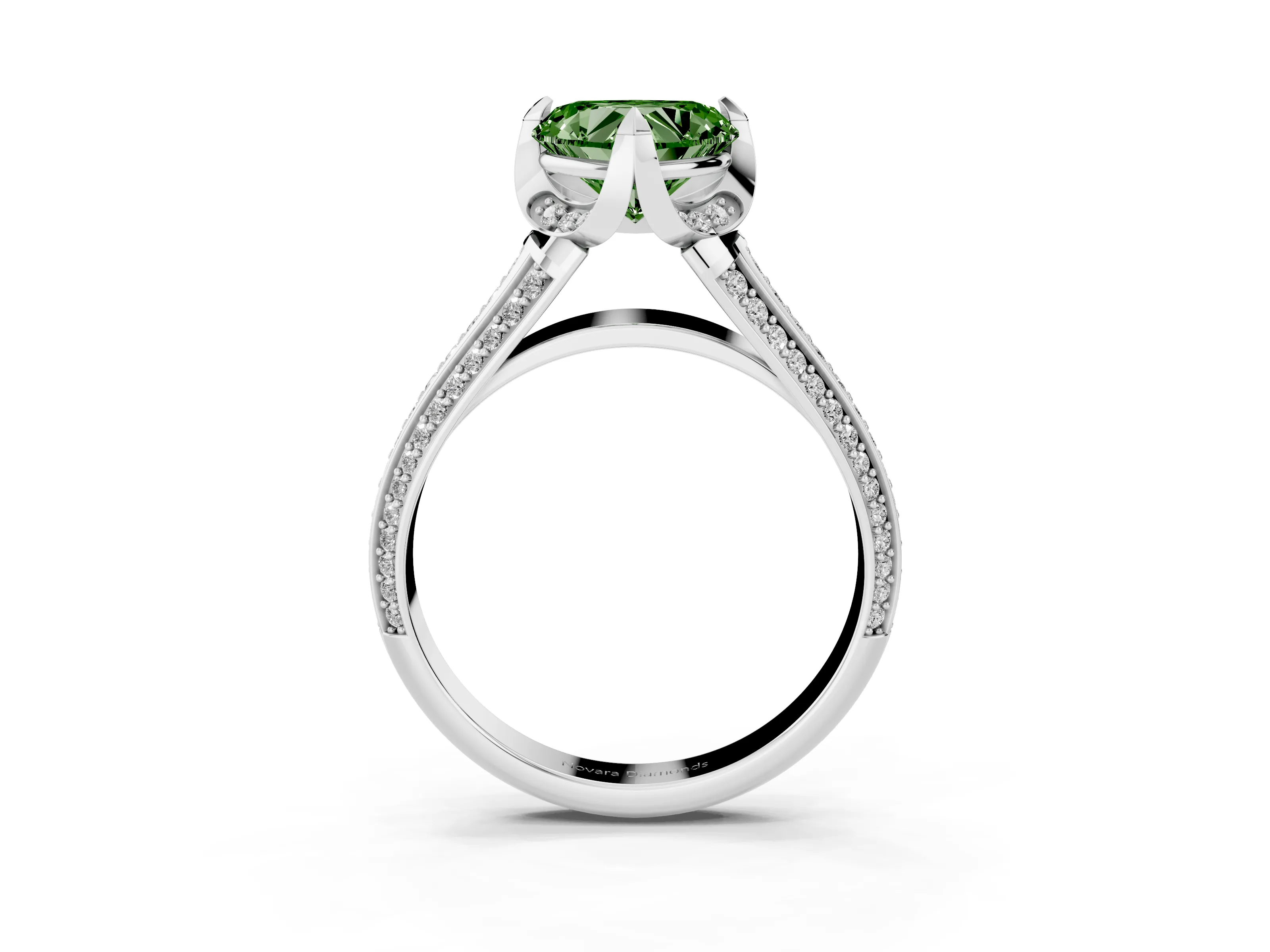 Fancy Green Heart Cut Diamond Pavé Split Shank Solitaire Ring Set in Silver with Prong Setting